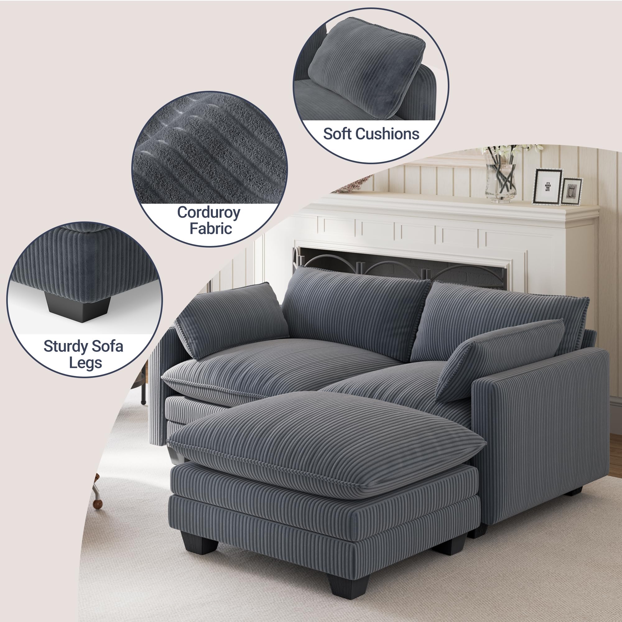Xbro Divano Modulare a L 2 Posti con Pouf, Divano Cloud in Tessuto a Coste, Seduta Profonda e Morbida, Rivestimento Sfoderabile, Divano Compatto per Soggiorno e Camera, Grigio Scuro