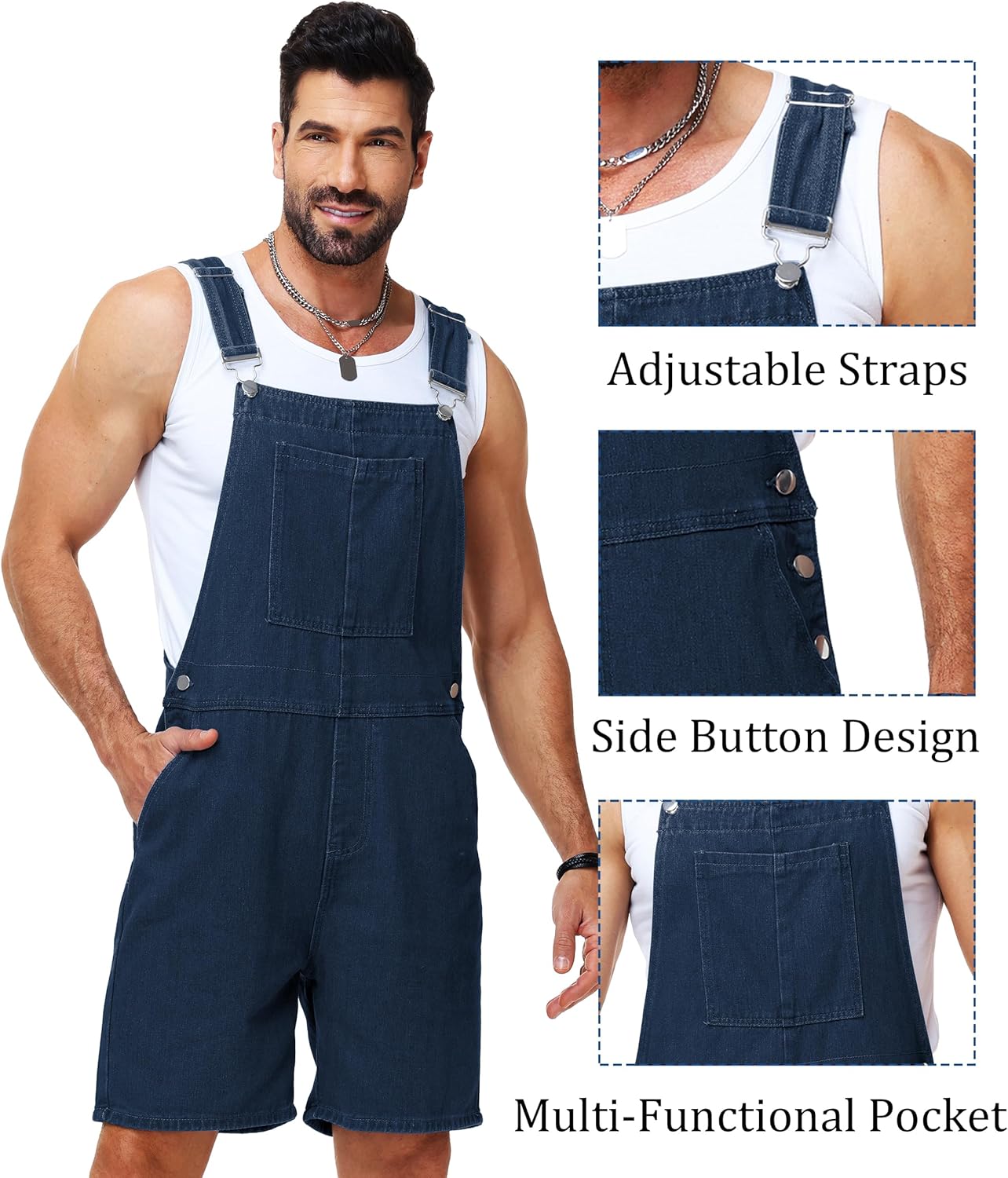 Men Denim Shorts Overalls Solid Color Bib Jumpsuit Jeans Coveralls with Pockets - Image 3