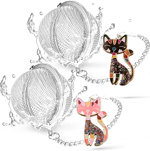Paquete de 2 infusor de té para gatos, hojas de té sueltas con divertidos dijes de gato rosa y negro, bola de té de malla fina para té de hojas