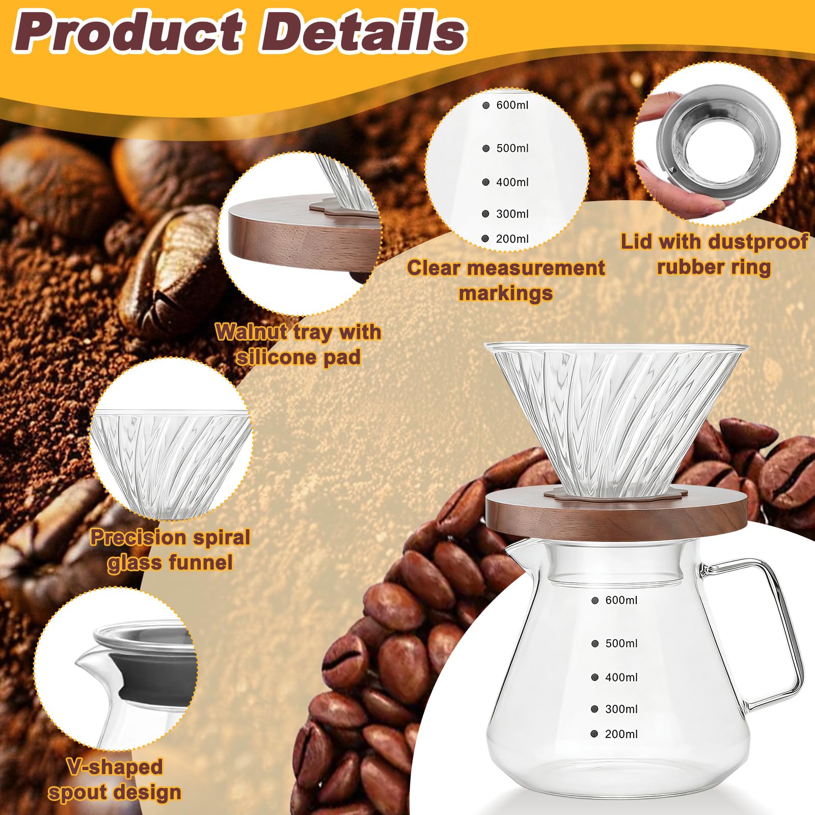 Cafetières à verser, cafetière filtre manuelle en verre transparent de 600 ml, plateau en noyer noir et entonnoir en spirale, goutte adaptée à la maison, au café (comprend 100 papiers filtres)