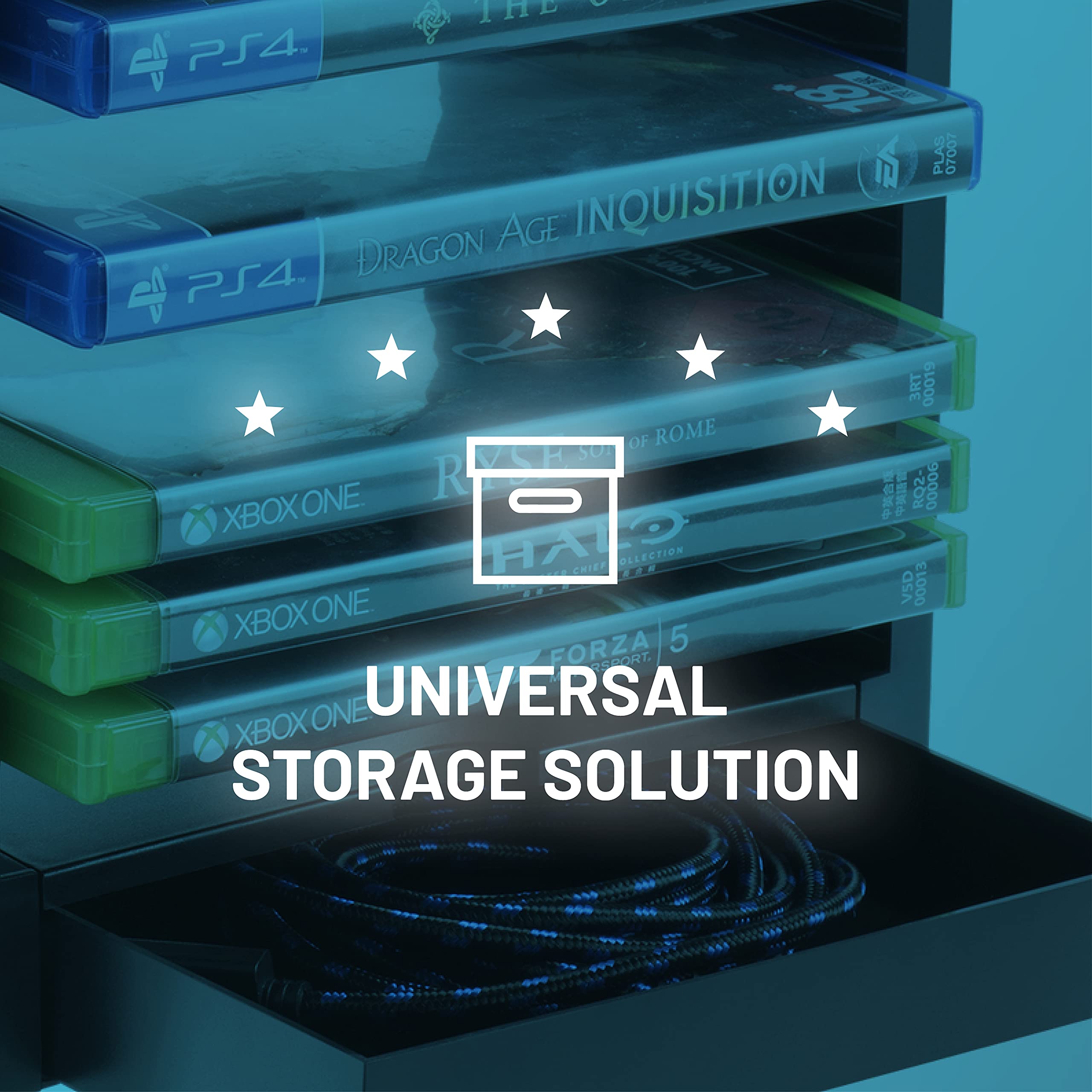 Geekhome -Tour de rangement universelle pour 10 jeux, compartiment pour accessoires, possibilité de rangement pour les manettes - convient pour Playstation 5, Xbox Series S&X, Xbox One, PS4, Blu Rays