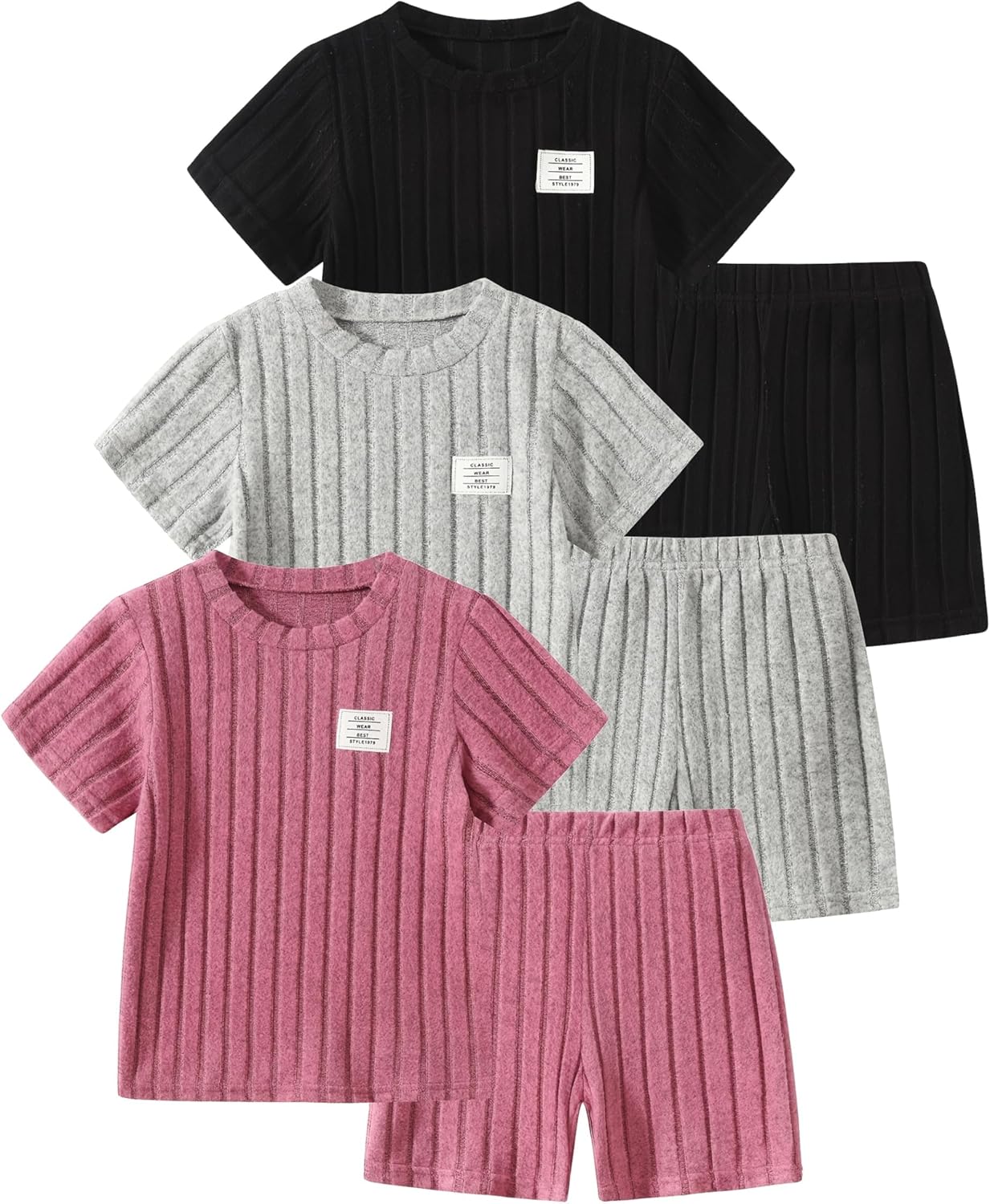 Girls 6 Pieces Knited Shorts Set Casual Short Sleeve Tee Tops and Shorts Sets 4-12Y
