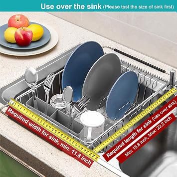 iPEGTOP Expandable Deep & Large Dish Drying Rack with Grey Utensil Cutlery Holder, Over The Sink, in Sink Or On Counter Dish Drainer, Rustproof Stainless Steel