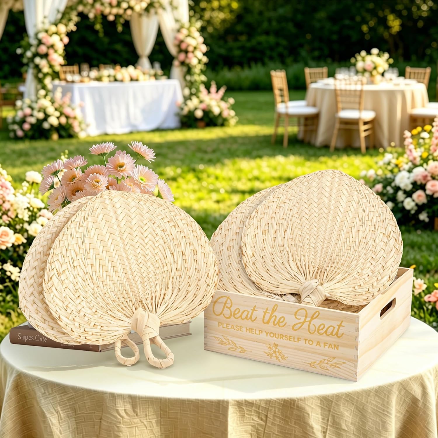Aneco 12 Pieces Wedding Fans Natural Raffia Fans Handmade Woven Bamboo with Storage Box Farmhouse Palm Leaf Hand Weaving Fan Boho Fan for Guest Party Favors, Summer Cooling, Wall Decor