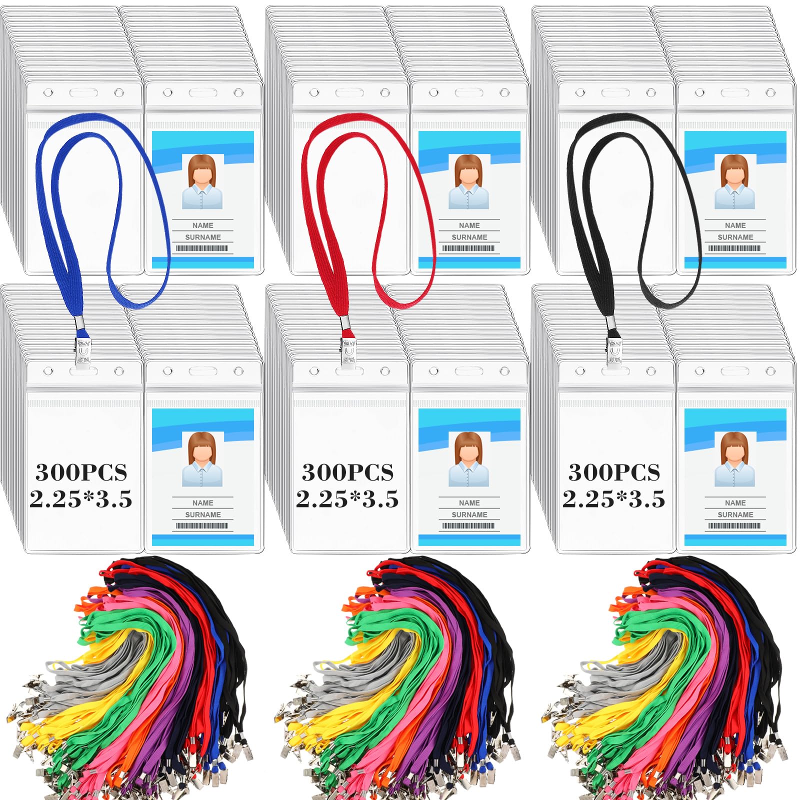 Ctosree 300 Pcs Name Tag Lanyards with ID Badge Holder Bulk Vertical Clear ID Card Holders Waterproof Plastic Name Tag Holders for Office Student