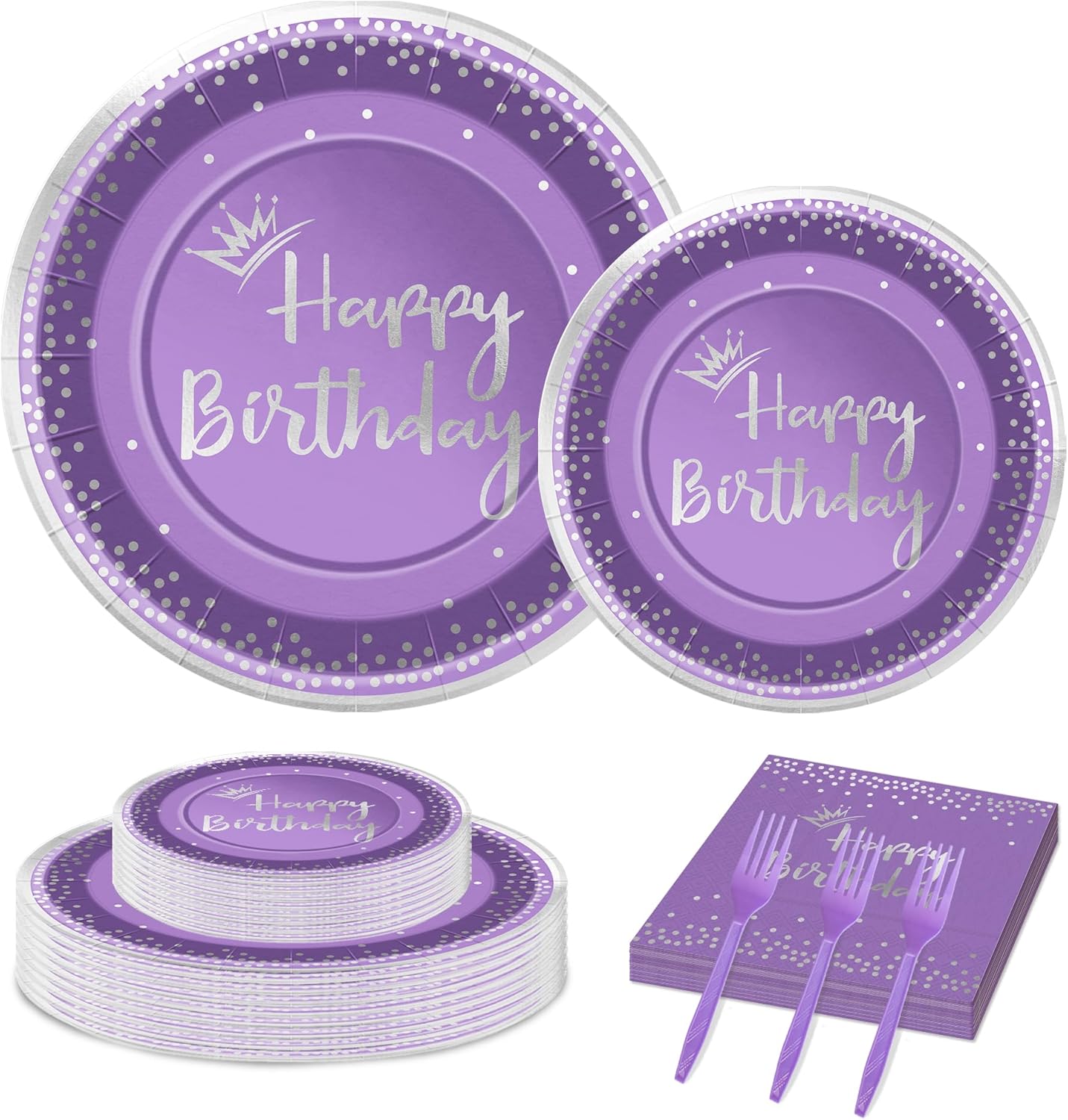 96 Pieces Purple and Silver Birthday Plates and Napkins Party Tableware Set with Happy Birthday Party Decorations,Paper Plates,Napkins and Forks for 24 Guests