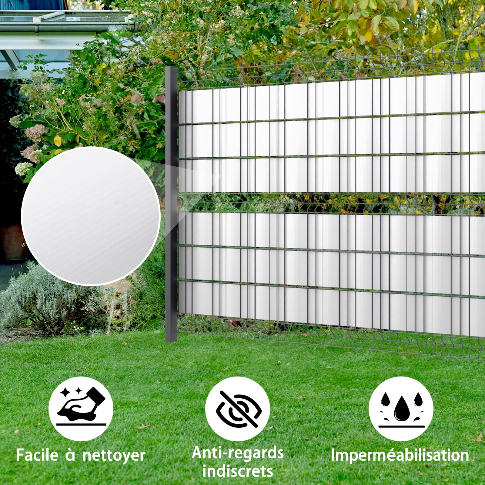 HENG FENG Brise Vue Jardin en PVC 50m x 19cm, Blanc | Brise Vue pour Clôture 450g/m², Occultation Totale, Résiste UV & Intempéries, av.30 Clips, pour Jardin/Terrasse/Balcon
