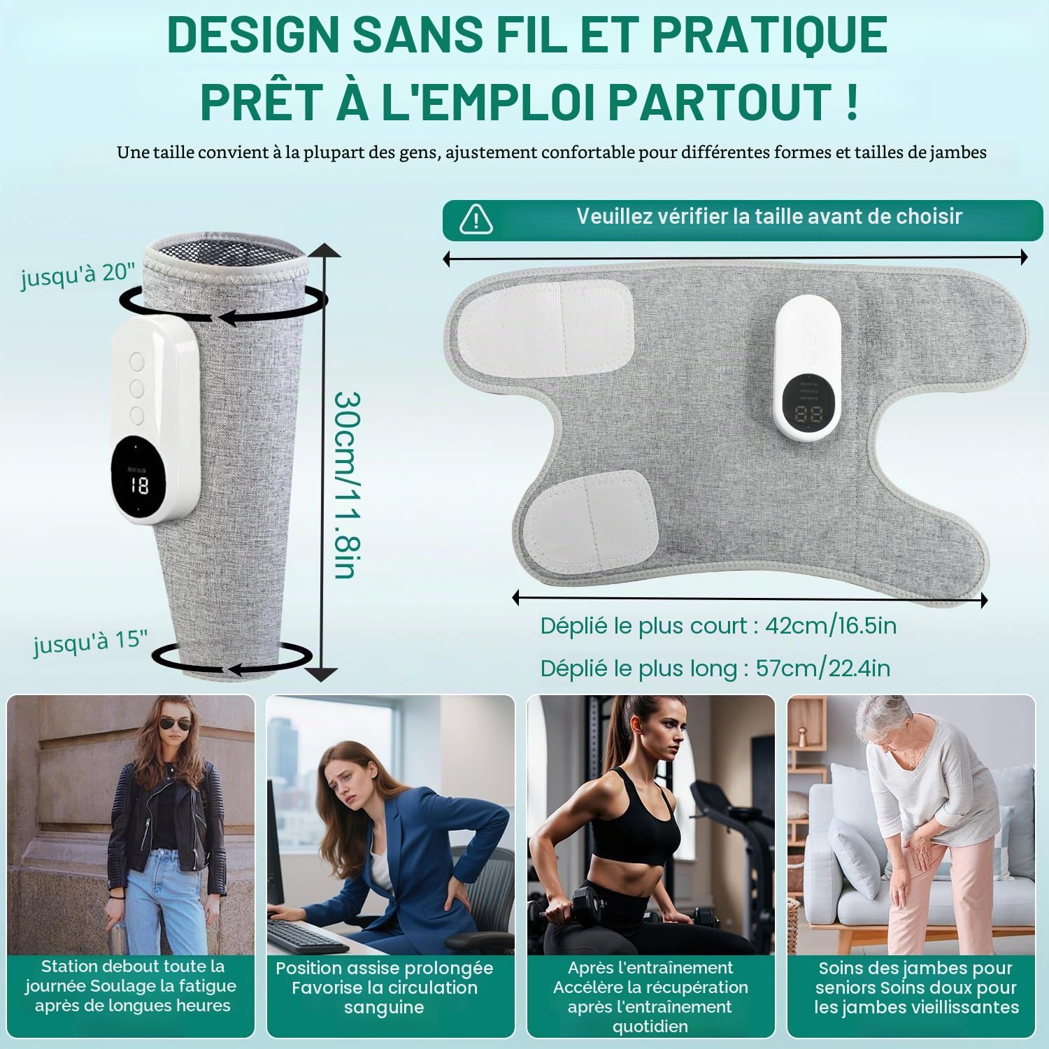 Masseur Jambes Sans Fil avec Chaleur et Compression Masseur de Mollets avec 3 Modes 3 Intensités Appareil de Massage pour Circulation Sanguine Drainage Lymphatique Relaxation Musculaire (1 Pièce)