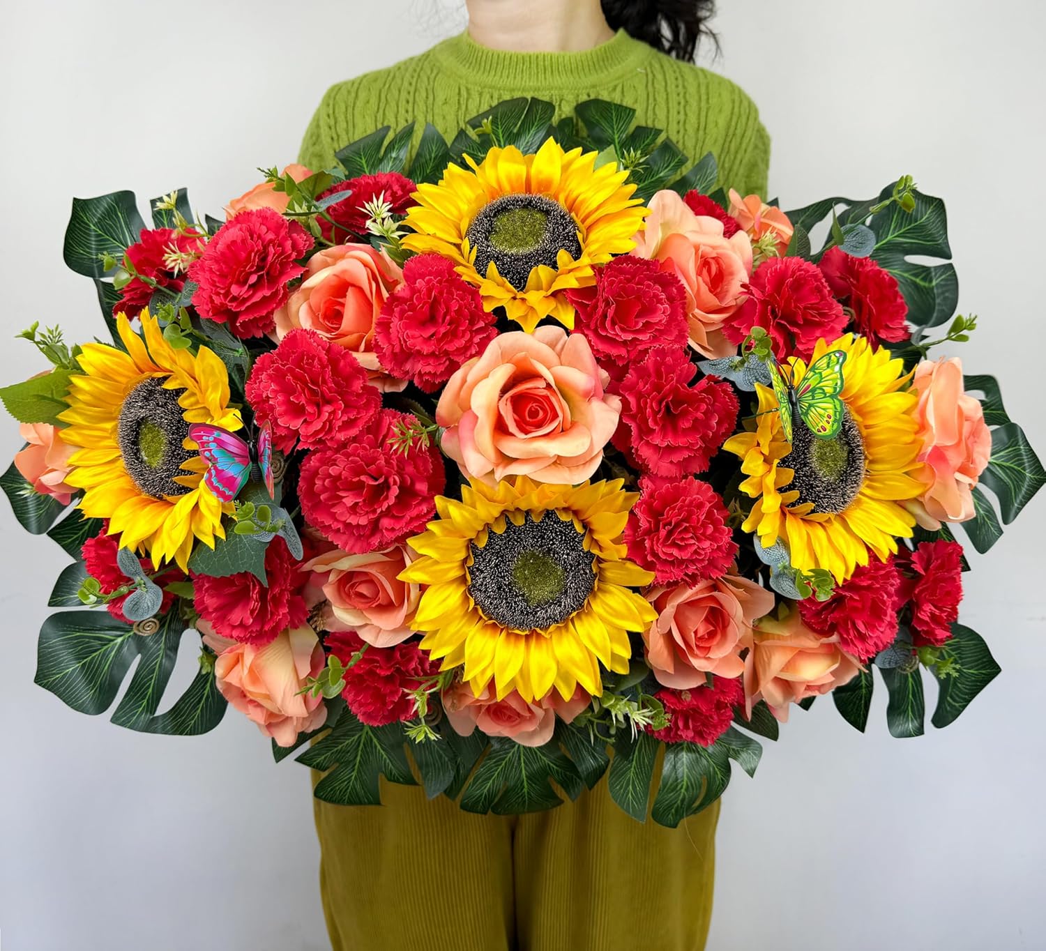 Artificial Cemetery Flower for Grave, Silk Headstone Flower Saddle for Tombstone Decoration - Sunflower Rose and Carnation,Easy Fit and Colorfast