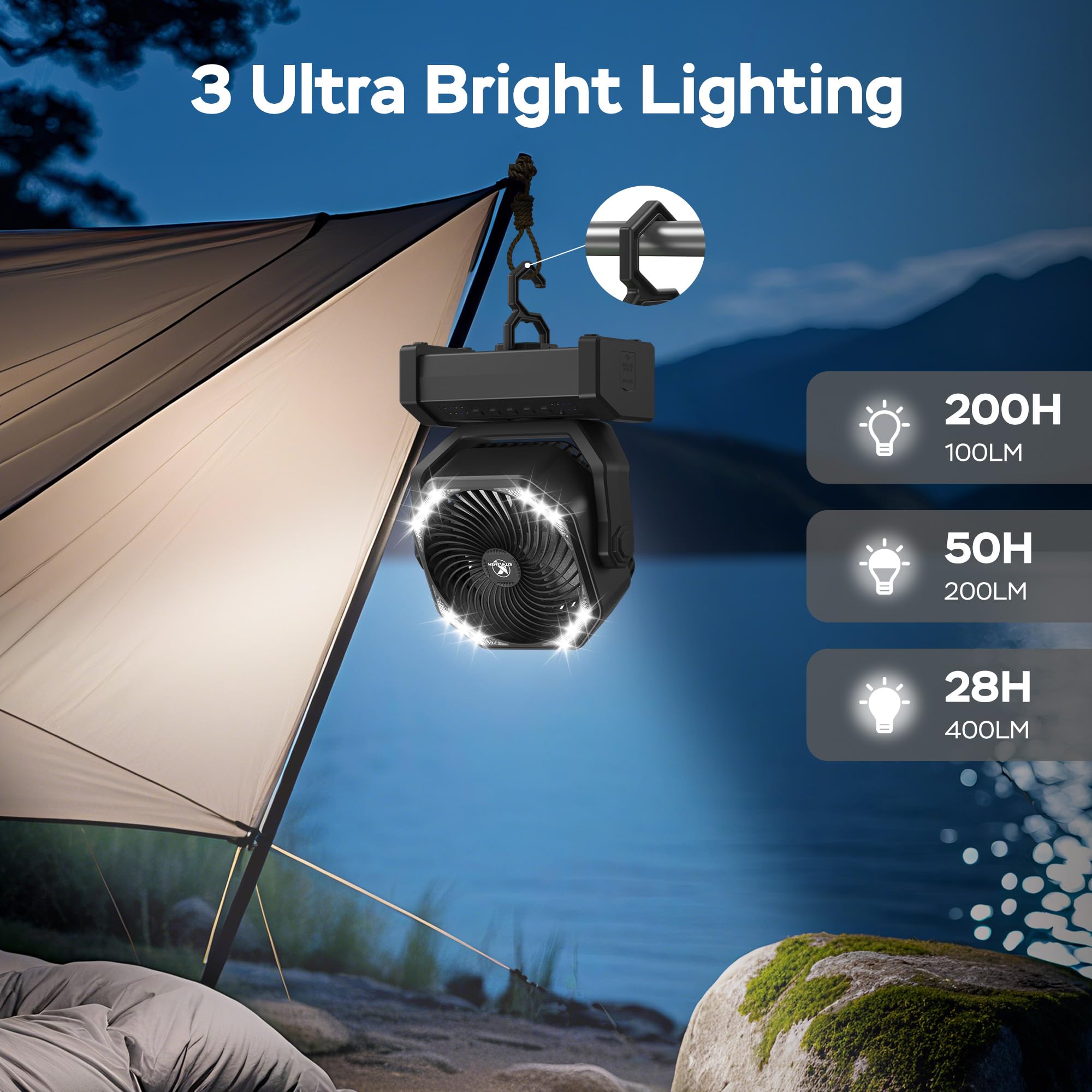 Ventilatore da campeggio 20000mAh con luce LED, ventilatore da tavolo auto-oscillante con telecomando e gancio, ventilatore da tenda con batteria ricaricabile, ventilatore da campeggio USB - Nero