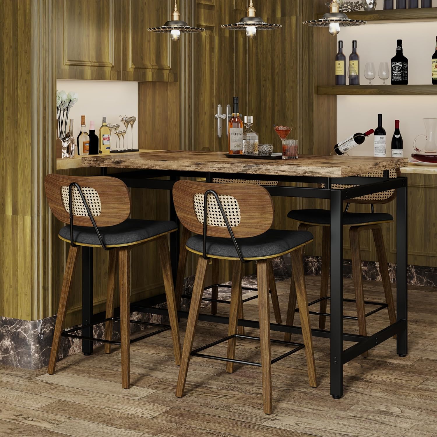 counter height bar stools set of 2, 26? bar stools with rattan back, bent wood legs and metal footrest, mid-century modern island stool for kitchen, island, dining room (black fabric)