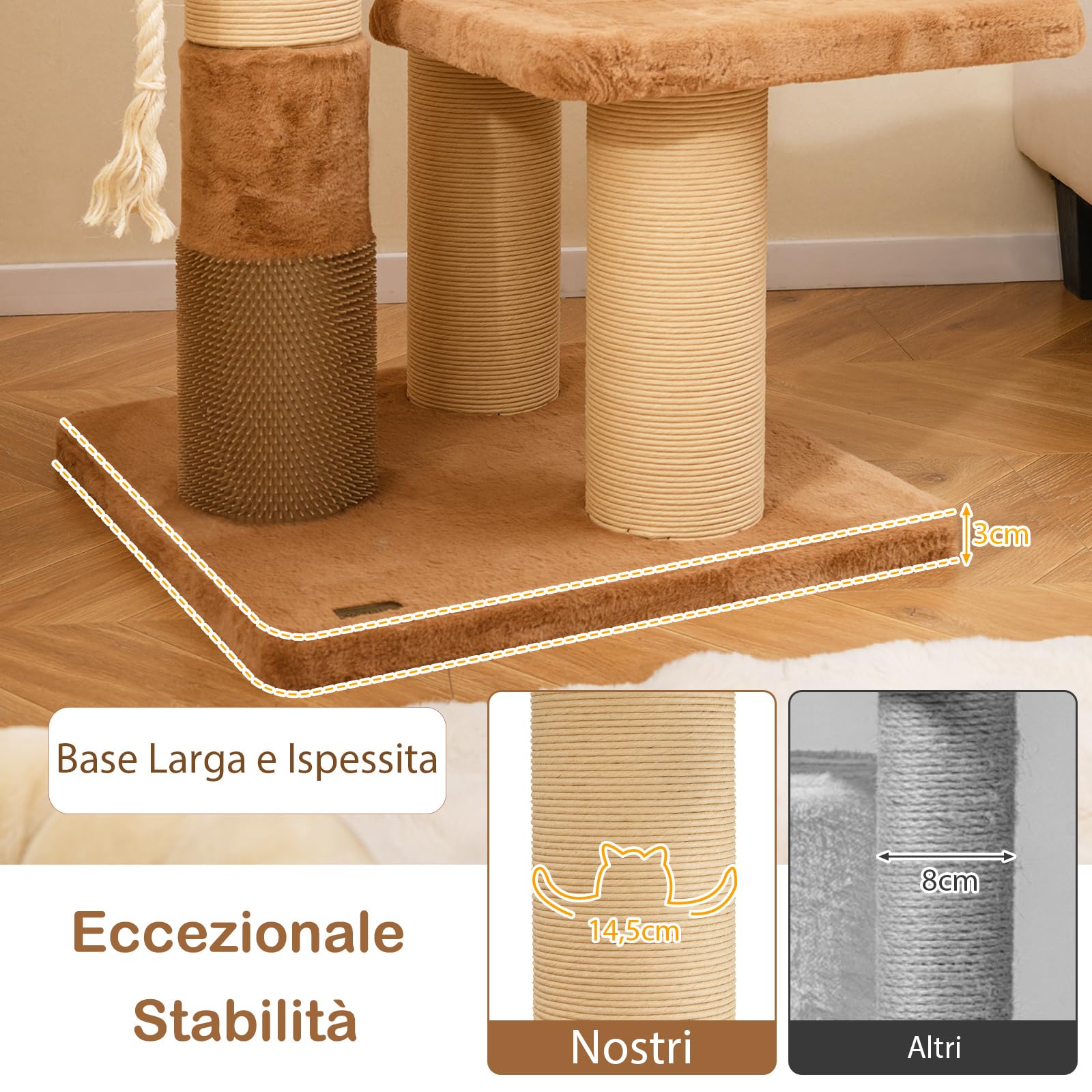 COSTWAY Tiragraffi per Gatto Alto 165 cm, Albero Tiragraffi Gatto con 4 Piattaforme, 4 Pali Sisal, Spazzola, Corda e Palla Pompon, Torre Tiragraffi per Gatti Imbottito Rimovibile, Caramello