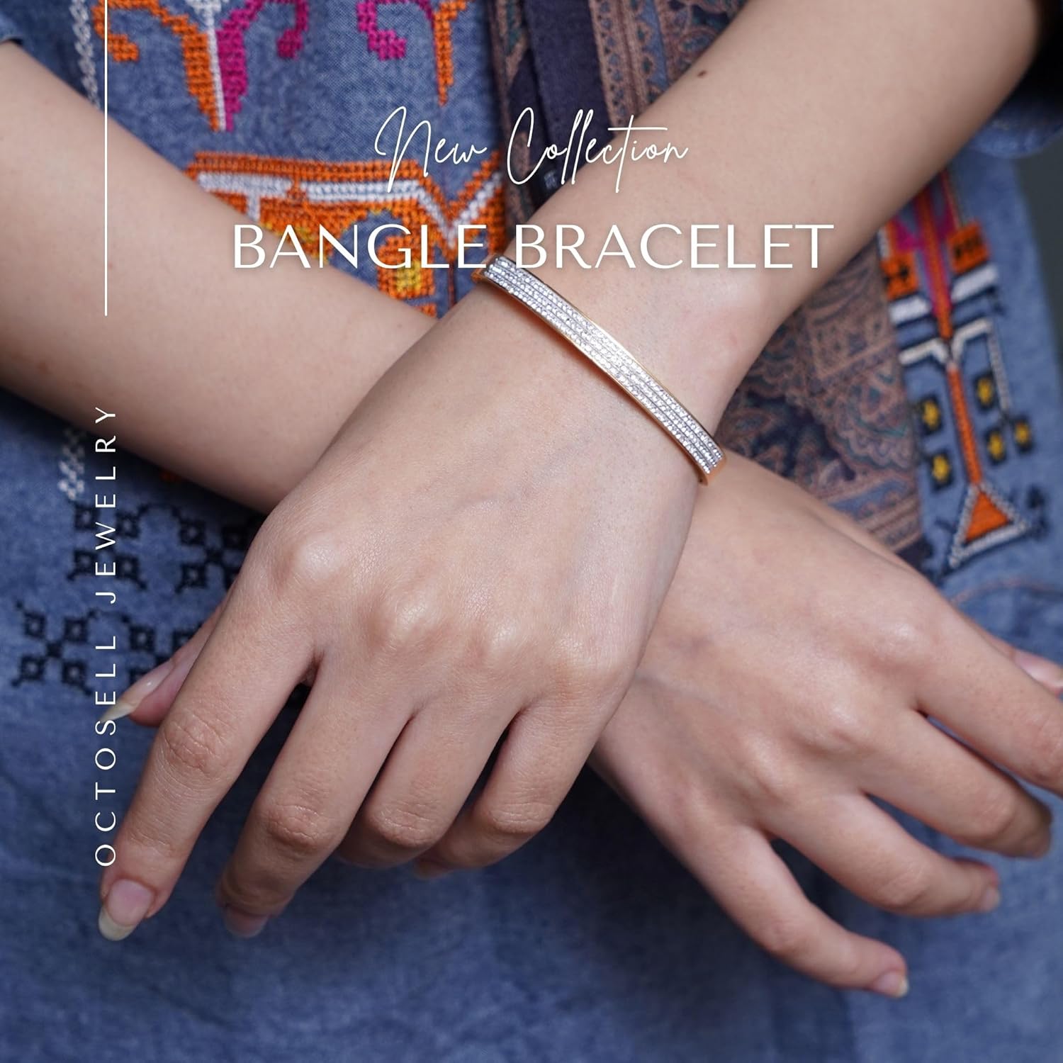 Dainty Crystal Accent Cubic Zirconia Bangle Bracelet for Women | Elegant Gold Plated Adjustable Cuff Jewelry Gift - Image 4