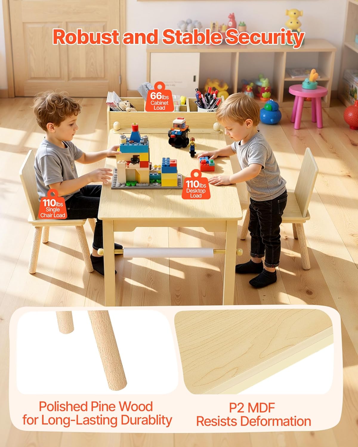 VEVOR Kids Art Table and Chair Set, Toddler Craft Table with 3 Tiers Storage Cabinet, Wooden Kids Activity Play Desk with 2 Chairs, Craft Play Desk for Reading, Learning, Drawing, Writing, Light Wood