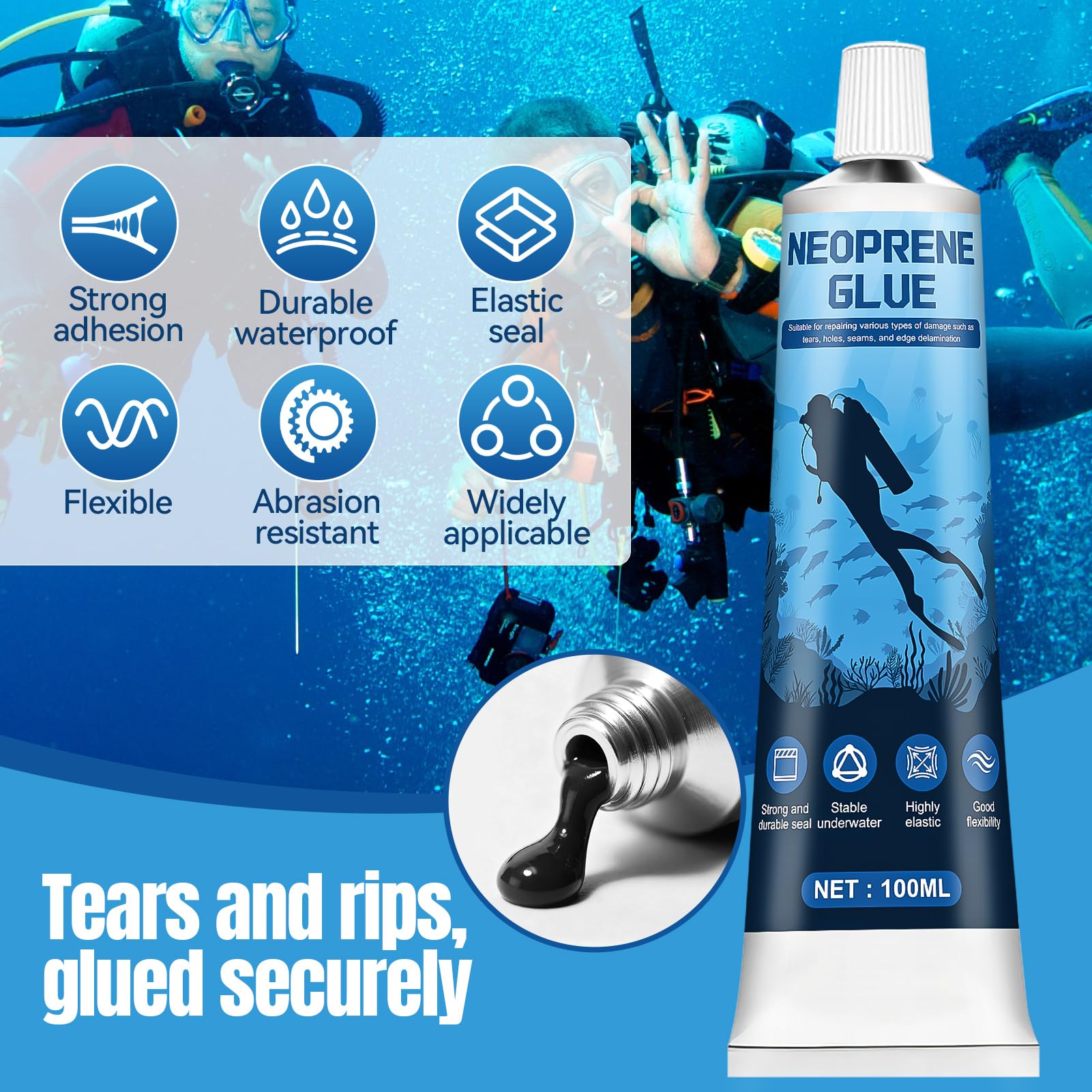 ALLONY Colla Neoprene per Muta, 100ML Colla Neoprene, Collas per Riparare Muta in Neoprenes, Flessibile Resistente, Adatto per Riparare Buchi e Strappi su Waders, Mute, Nero