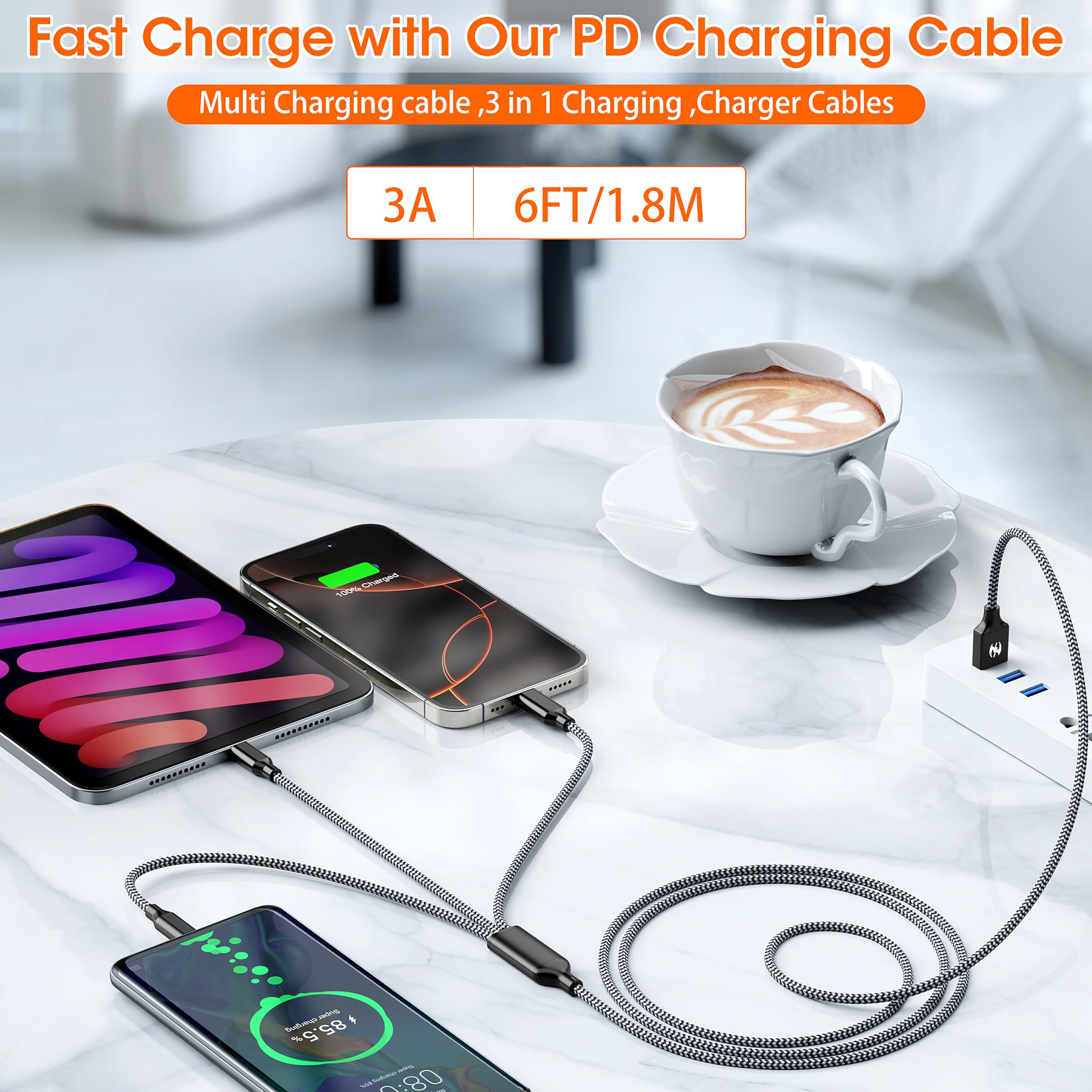 Cavo di ricarica multiplo (1,8 m, 2 pezzi) USB 3 in 1 multi cavo di ricarica per iPhone, certificato Apple MFi, in nylon intrecciato, cavo veloce USB con micro USB di tipo C, per la maggior parte dei