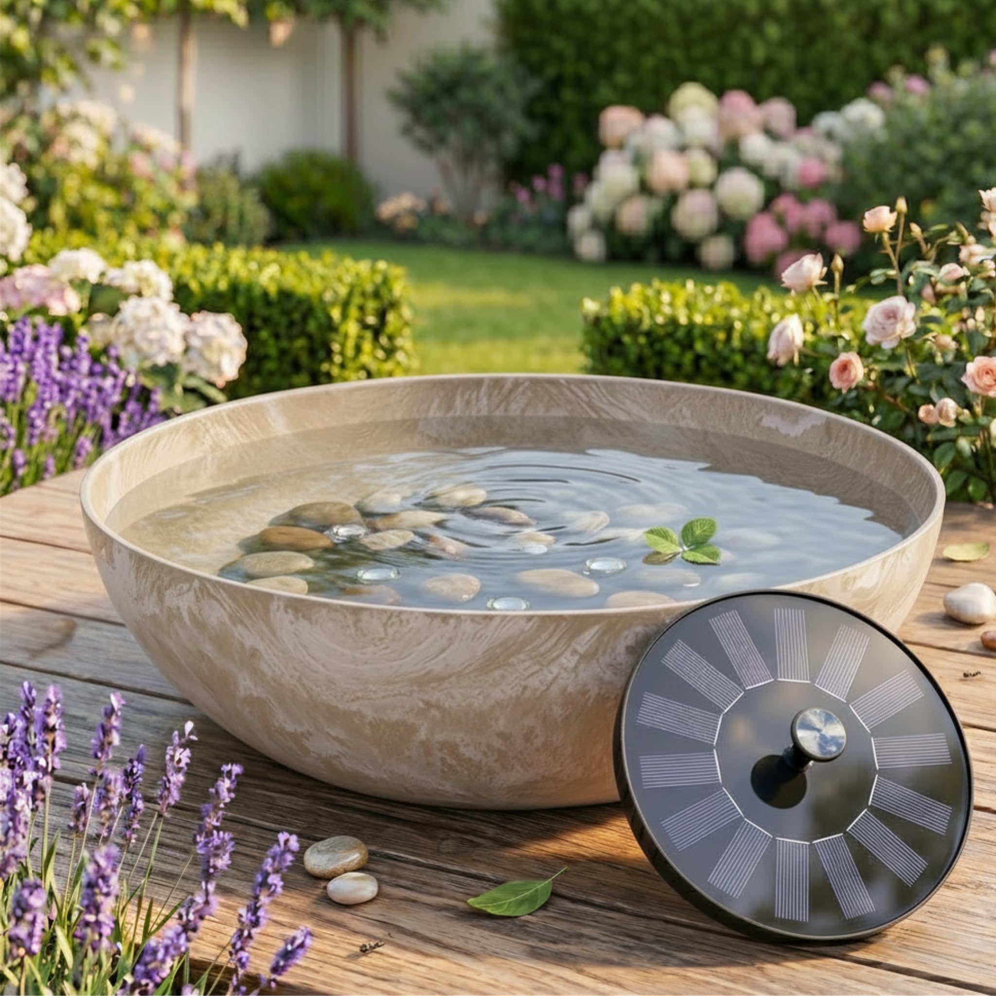 matches21 HOME & HOBBY Outdoor Solar Fountain Set with Battery – 45 cm Bowl Bulbous Sand Beige with Floating Solar Fountain