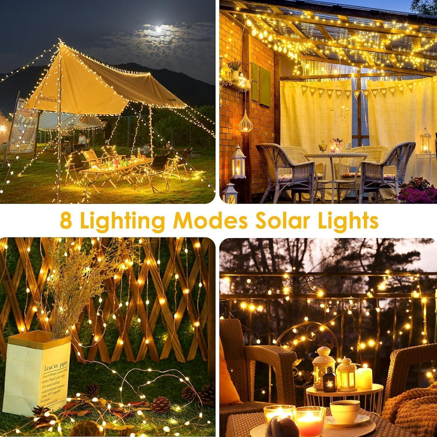 Lot de 4 guirlandes lumineuses solaires pour l'extérieur, 400 LED au total, étanches, lumière scintillante en fil de cuivre, 8 modes, lumière féérique pour sapin de Noël, jardin, fête, décoration de