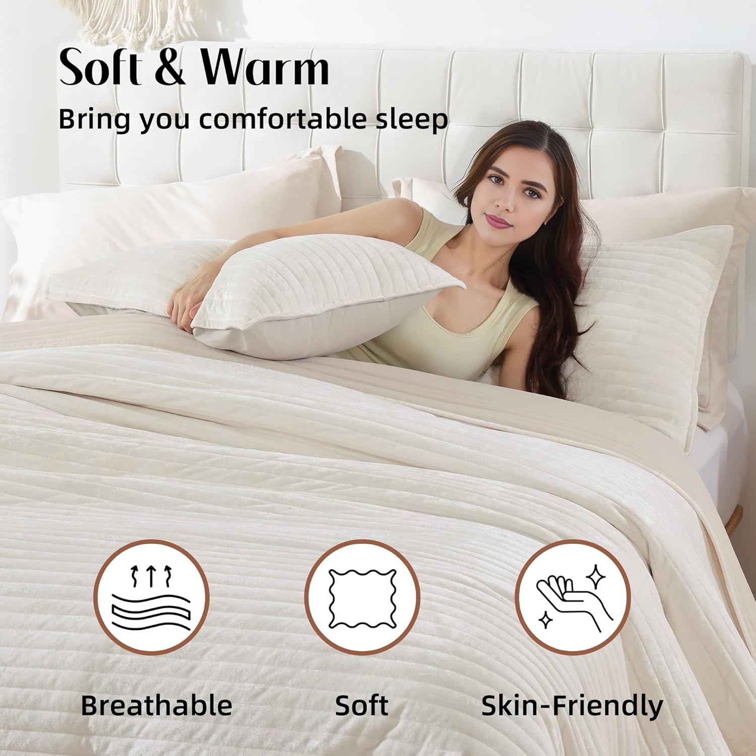 weigelia Polyester Quilts Queen Size Luxurious Soft Coverlet Striped Bedding Set Cream Quilt Set with 2 Matching Pillowcases, for All Season - Image 2