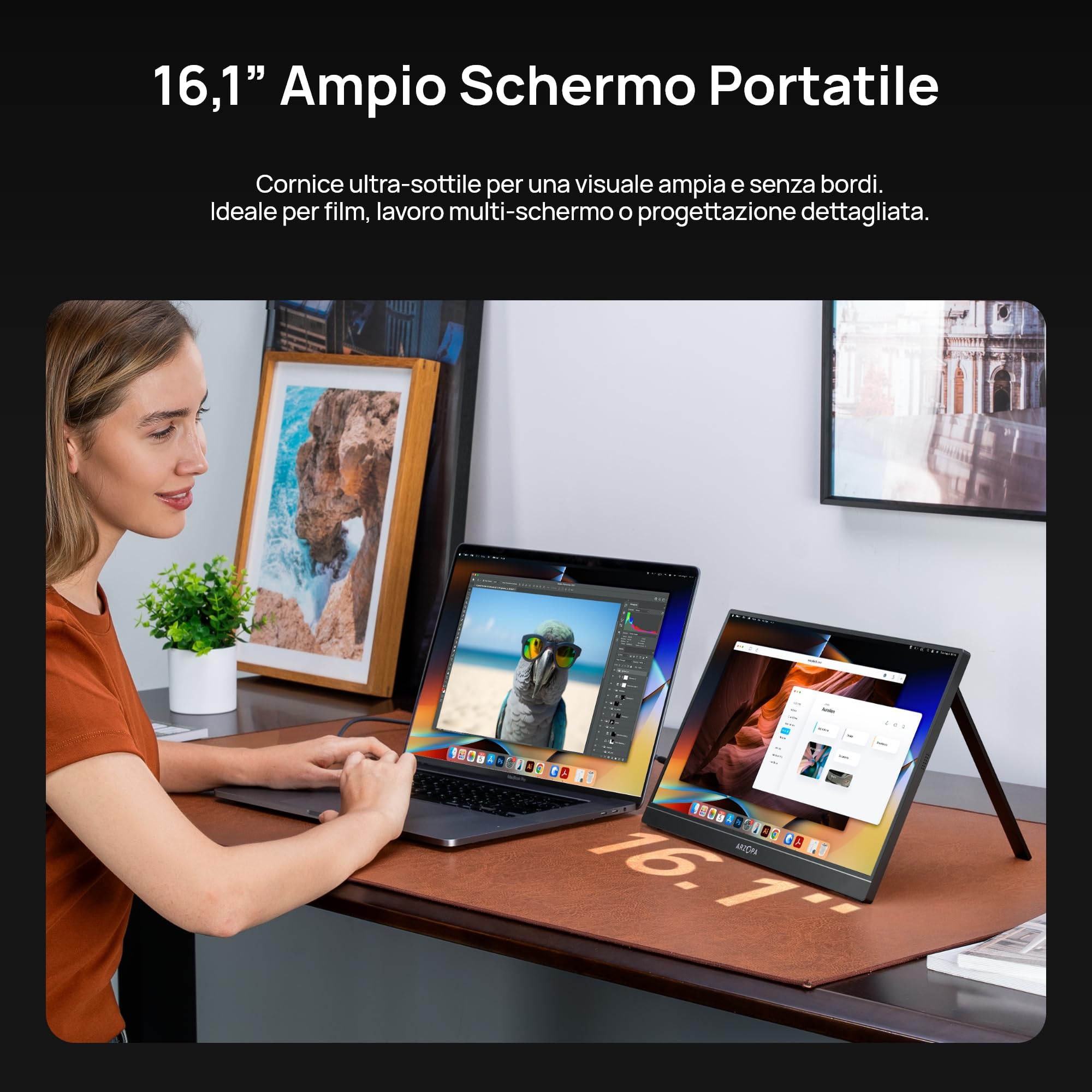 ARZOPA Monitor Portatile Z1C 16,1" FHD 1080P 100% sRGB, IPS, HDR, Ultra Sottile, in Metallo Grigio – Schermo Secondario per Laptop, Mac, PC, Xbox, Switch, PS5 - Z1C Grigio