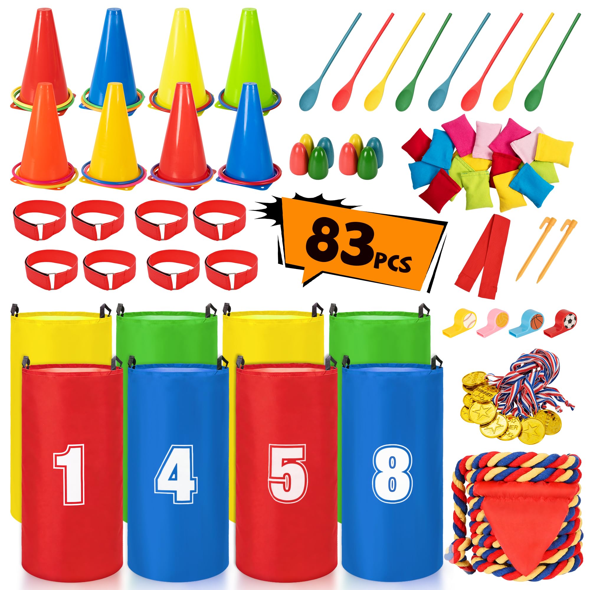 ROPODA Sports Day Kit, 83 PCS Outdoor Games Set, Garden games for Kids Adults, Plastic Cones, Balls Ring Toss, Egg and Spoon Race, Potato Sack Race Bags, 3 Legged Race Bands, Tug of War