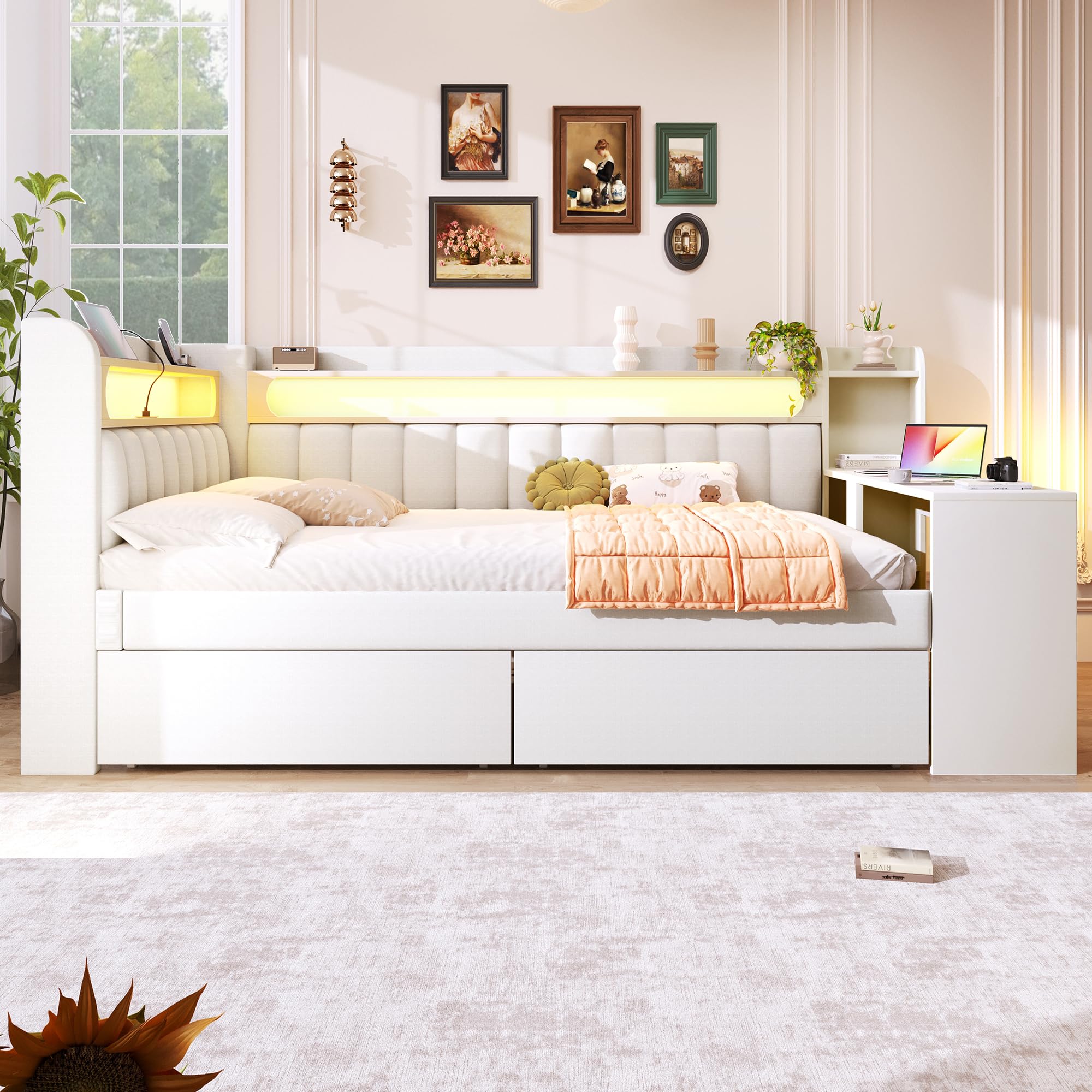 Dolamaní Łóżko młodzieżowe 140 x 200 cm, z USB i LED, łóżko dzienne z biurkiem i wyściełanym zagłówkiem, rama łóżka podwójnego ze stelażem, łóżko dziecięce z miejscem do przechowywania, bez materaca