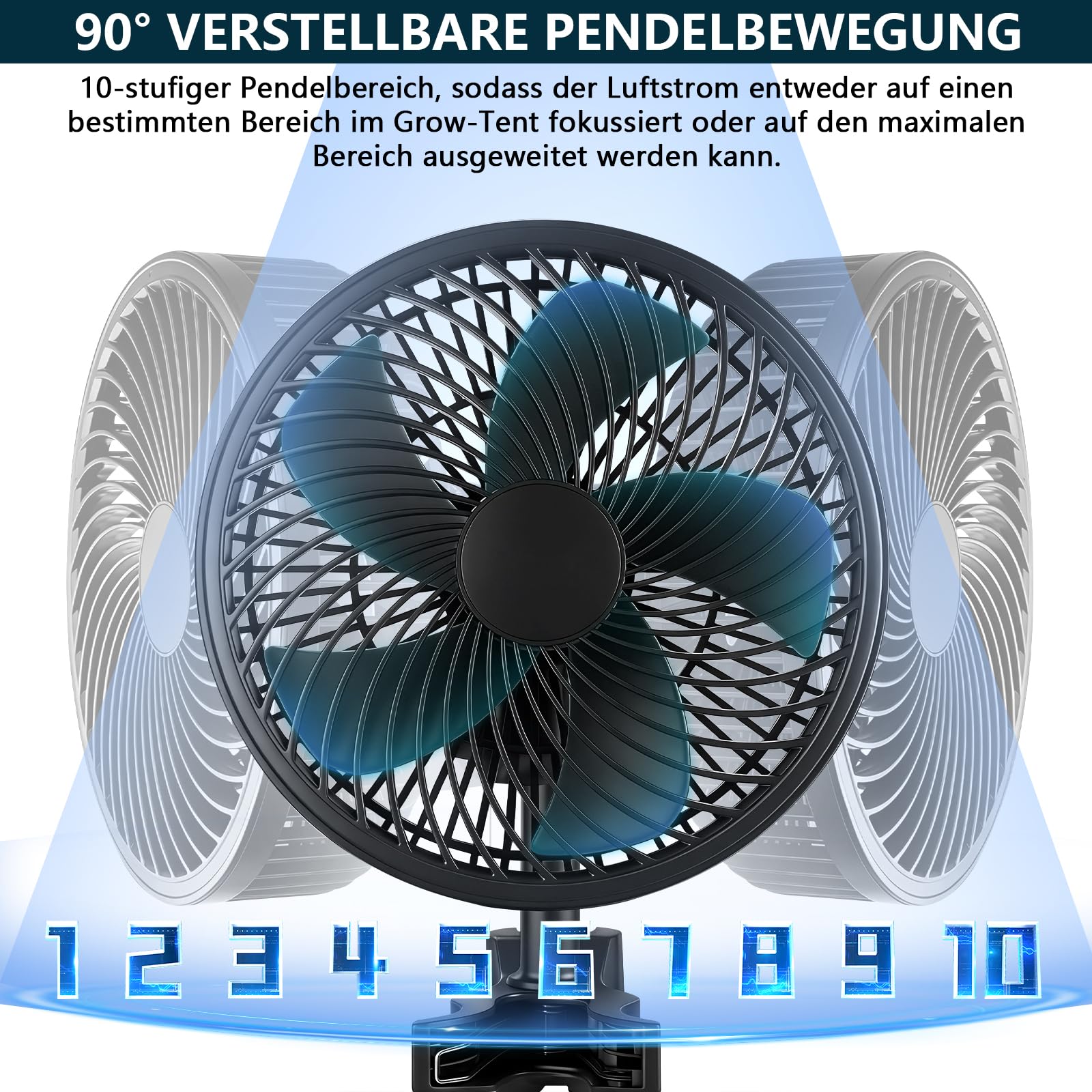 Grow Ventilator Oszillierend mit Clip, EC-Motor, 10 Stufen, 300 cm Kabel | 544 m3/h Luftstrom, 28 dB(A), Ø 150mm Clip Ventilator Umluftventilator leise für Grow Zelte, Anzuchtzelt (1 Stück)