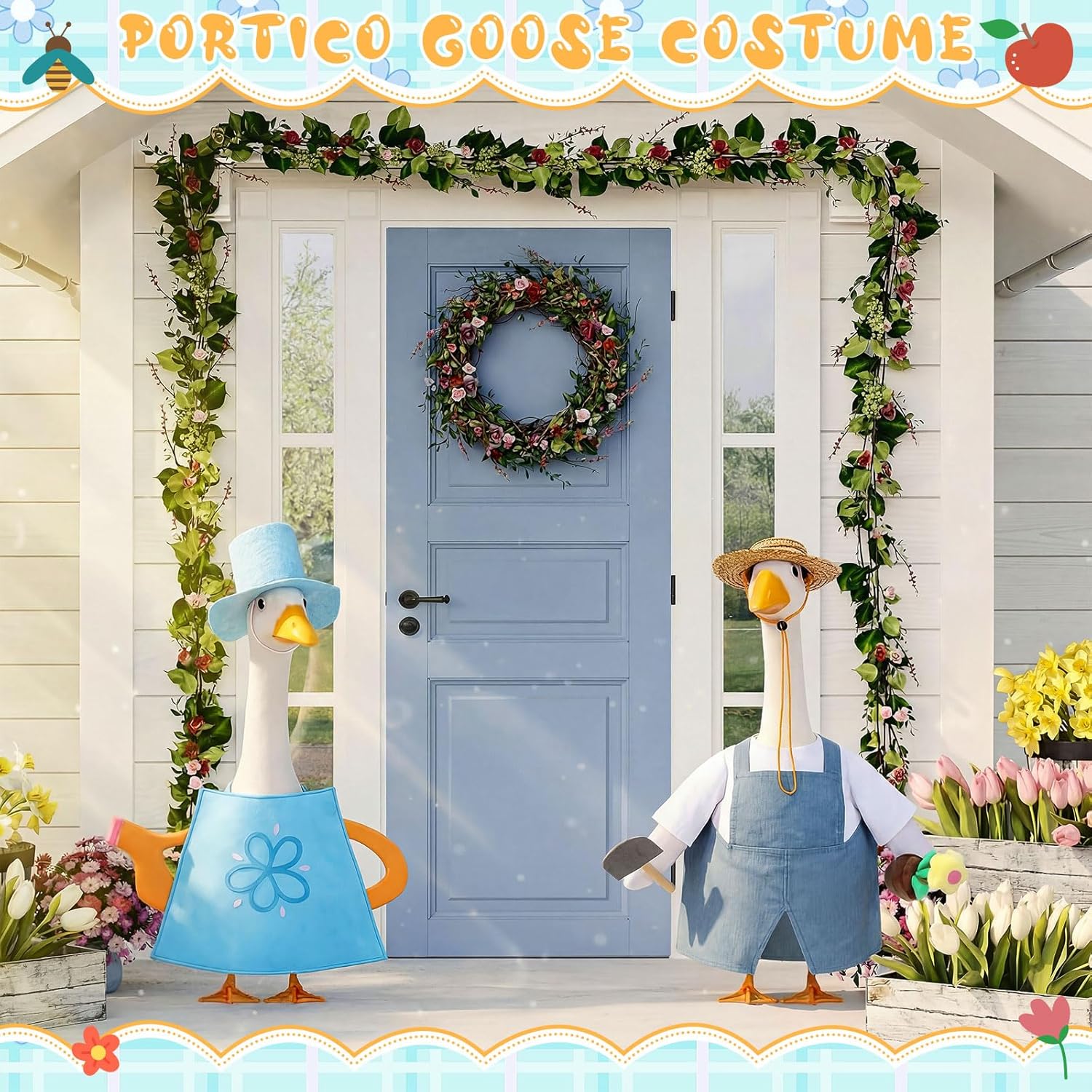 FuWeave 2 Set Porch Goose Outfit Spring Gardener Goose Clothes with Small Flower Pot for 23" Cement Outdoor Patio Yard Decor(Watering Can)