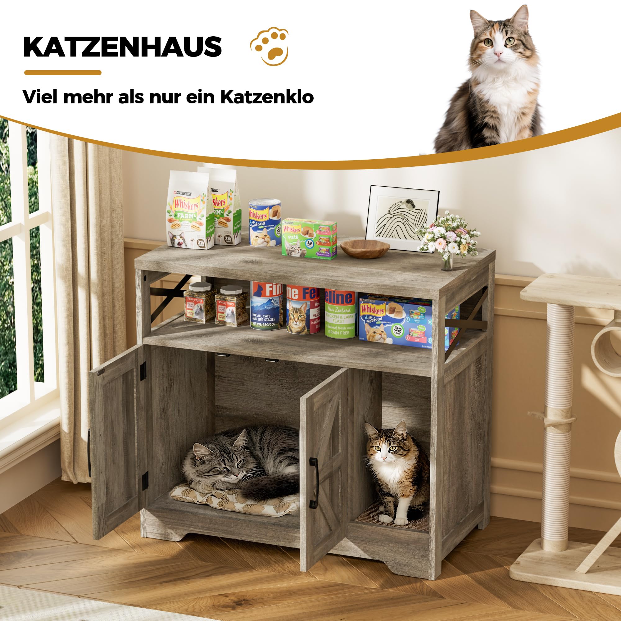 BonVache Katzenklo Schrank, Katzenhaus Holz, Katzenschrank mit Tür, Versteckte Katzentoilette mit Kratzmatte für Katzen, Beistelltisch, 79 x 43 x 72.5 cm, Grau
