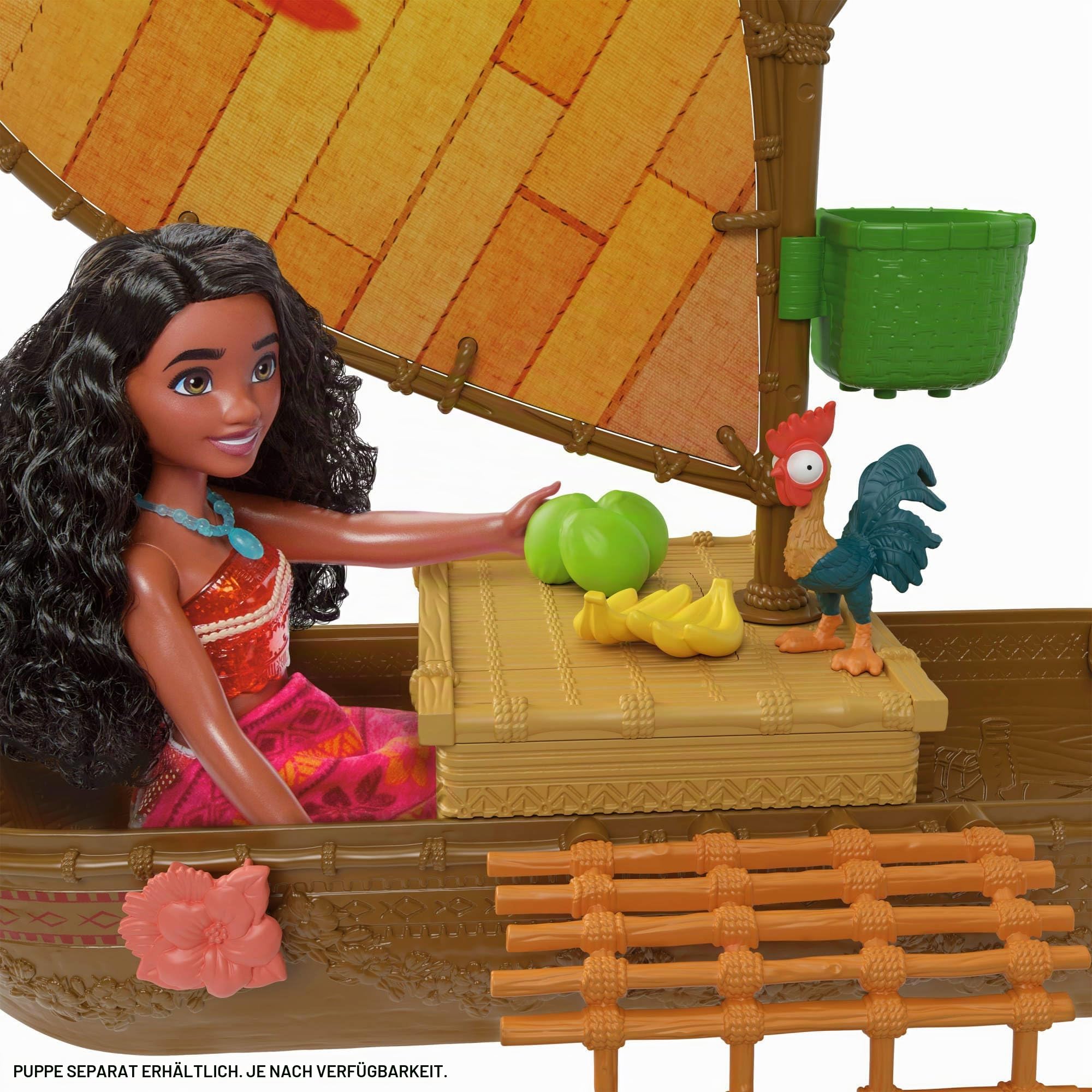 Mattel Disney Spielzeuge, Vaiana schwimmendes Boot-Spielset mit 5 Spielbereichen, 9 Zubehörteilen, Heihei-Tierfigur und Wippe, Ozeanboot, vom Film inspiriert, JLN22
