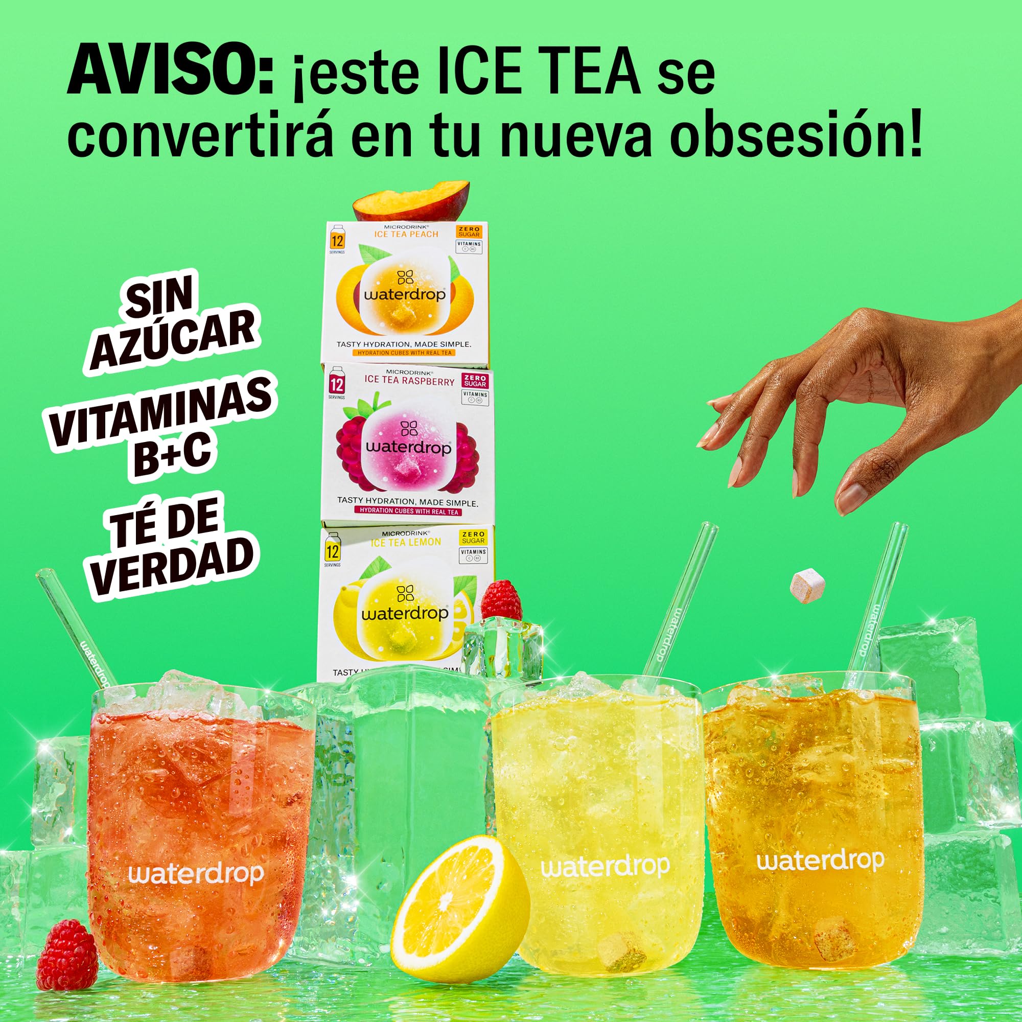 waterdrop® Té Frio Mix, 36 Pastillas Saborizantes Para Agua Sin Azúcar, Te Verde y Negro, 3 Sabores Agua: Melocotón, Limón, Frambuesa, Refresco Instantaneo, Infusiones Variadas Polvo, Ice Tea