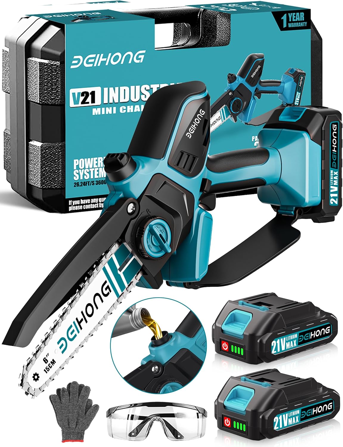 BEI & HONG Best Mini Chainsaw Cordless 6 Inch | Upgraded Chain Automatic Oil | 800W High Power Motor | Switch Security Lock | Tool Free Lnstallation Design | Handheld Small Chainsaw for Cutting