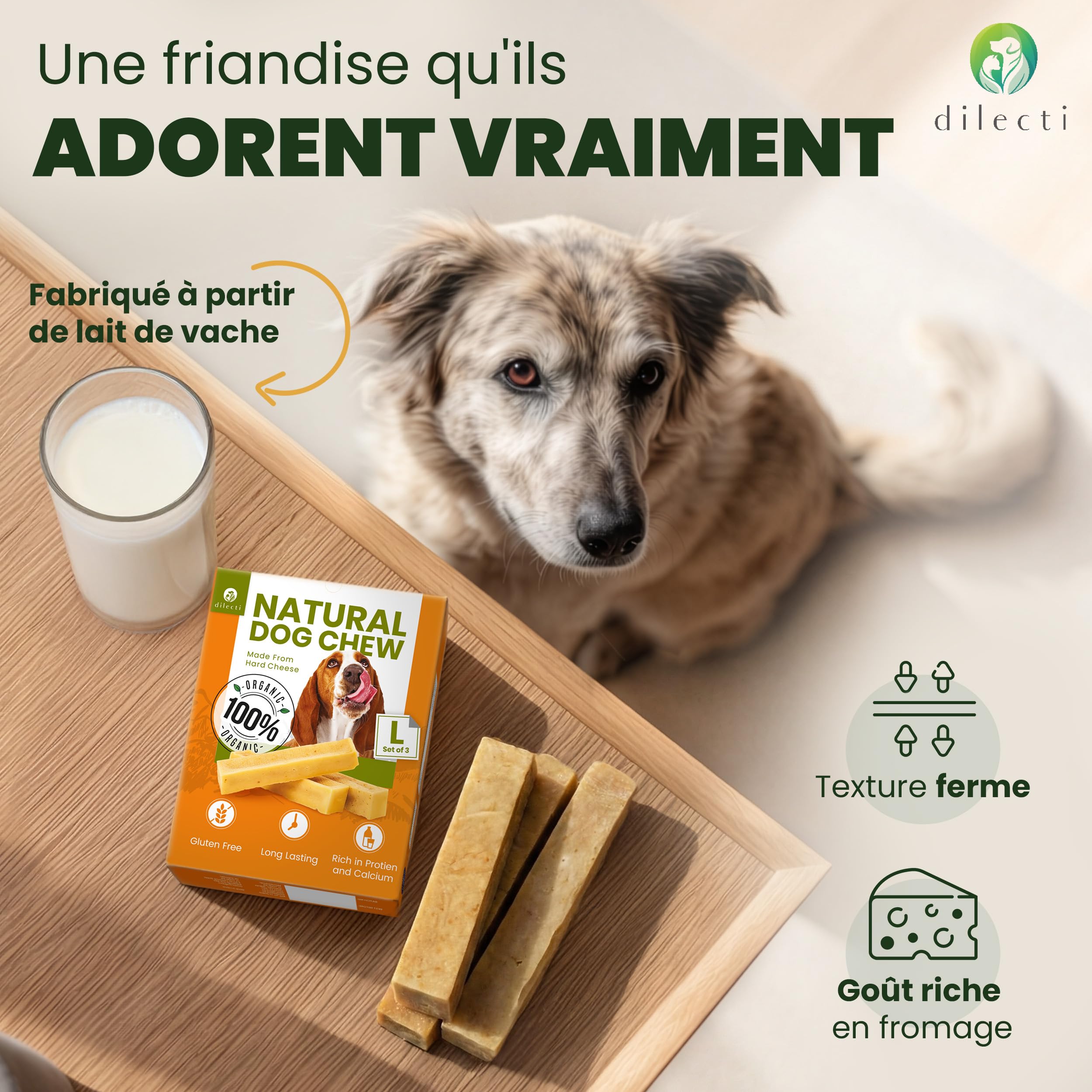 Os à mâcher au fromage naturel - Friandises à mâcher longue durée pour grands chiens, friandises pour chiens pour les soins dentaires, jouets à mâcher en fromage dur - Taille L, paquet de 3