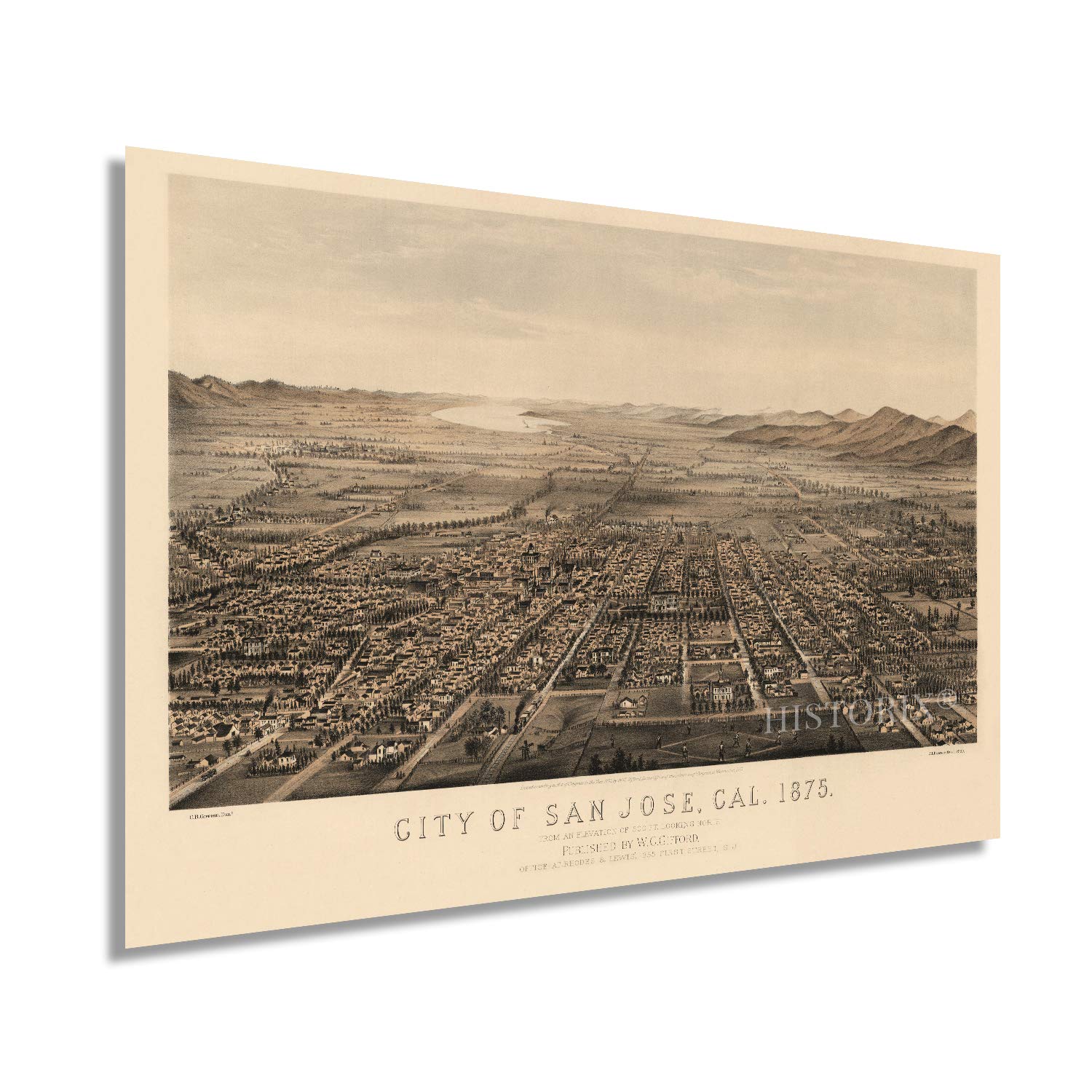 HISTORIX Vintage 1875 San Jose Map - 24x36 Inch Vintage Map of San Jose California - Old San Jose Wall Art - Historic San Jose Poster - Bird's Eye View Map of San Jose CA Looking North