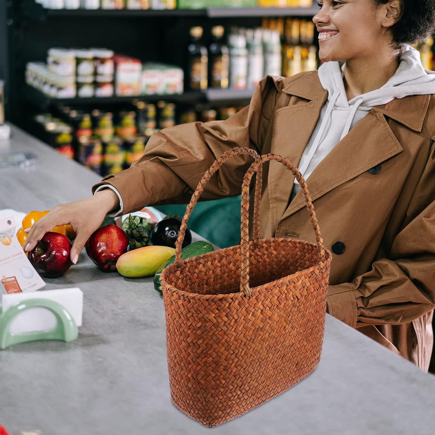 Cabilock Woven Picnic Basket Small Straw Outdoor Tote with Handle for Garden Pet Carrier and Use 3.53X3.46X2.23 Inches