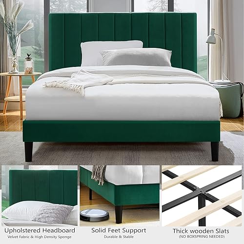 Miniatura 5 de Sunrise Coast Base de cama tamaño matrimonial con cabecero tapizado de terciopelo verde, soporte de listones de madera + marco de hierro, base de