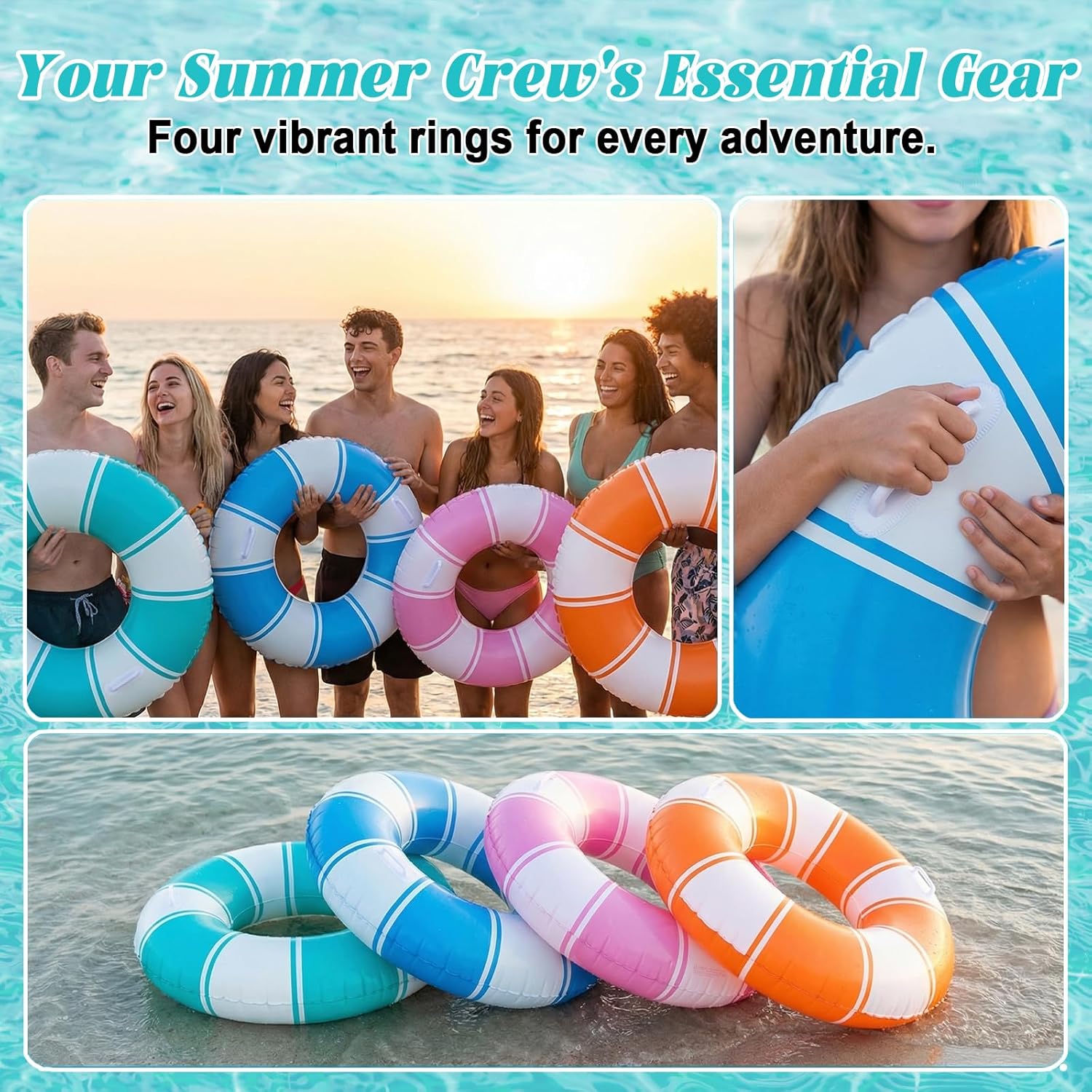 Inflatable Pool Floats with Handles 31.5 Inches 4 Colors Classic Striped Swim Rings Tubes Stripes Swimming Pool Floaties with Pump for Summer Beach Lake River Bachelorette Party Decorations