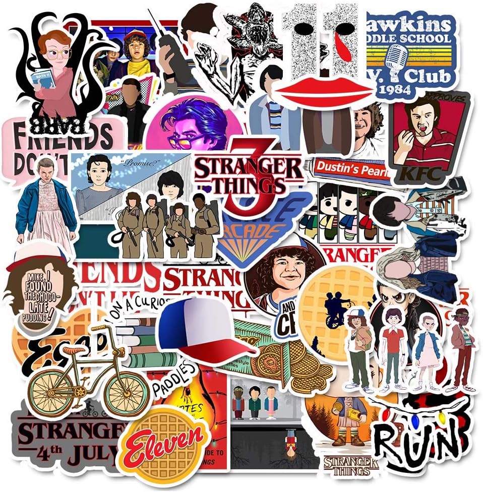 amazon com stranger things merchandise stickers tv show decal stickers for laptop water bottle hydroflask luggage computer phone notebook cup graffitti patch sticker for kids teens adult christmas gift 50 pcs cell