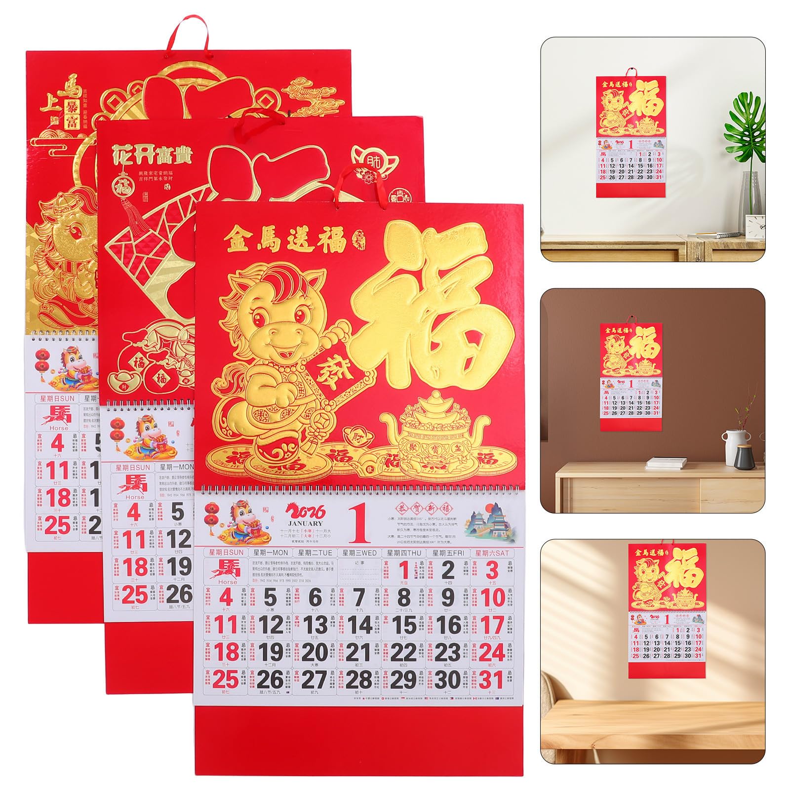 COHEALI 3 Pezzi Calendario da Muro 2026 Anno del Cavallo Spirale, Carta e Metallo, Formato Striscione Appeso, Planner da Parete per Ufficio Design Artistico e Simboli di Buona Fortuna