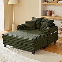 Amsleekey 64" Oversized Chaise Lounge Chair Sleeper Sofa Bed, Solid Wood Frame, Storage Pockets & Cup Holders, Plush Green Corduroy for Living Room Bedroom