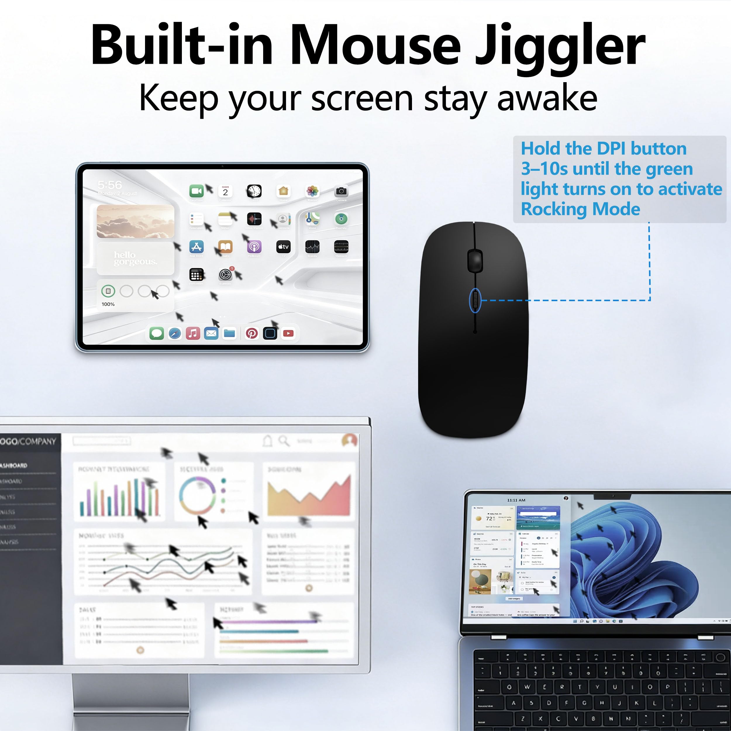 Ratón inalámbrico Bluetooth recargable con jiggler, mouse delgado silencioso para MacBook, iPad, laptop y PC, receptor dual USB-C/USB-A, BT5.2 y 2.4G, mouse óptico portátil con DPI ajustable, color