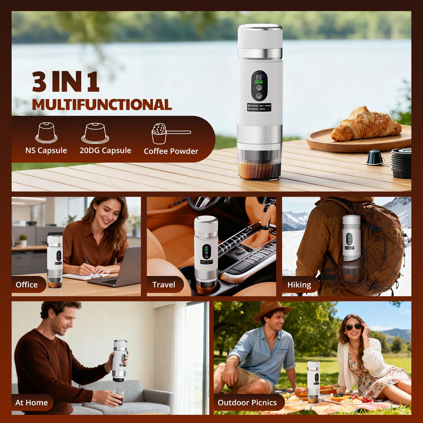 Macchina Caffe Portatile, Caffettiera Portatile 3-in-1 con batteria 2 x 7500 mAh,20 Bar, Autoriscaldante,USB-C,Piccola Macchina da Caffè 3 in 1 con Caffè Macinato e Capsule (NS & DG) per Camper