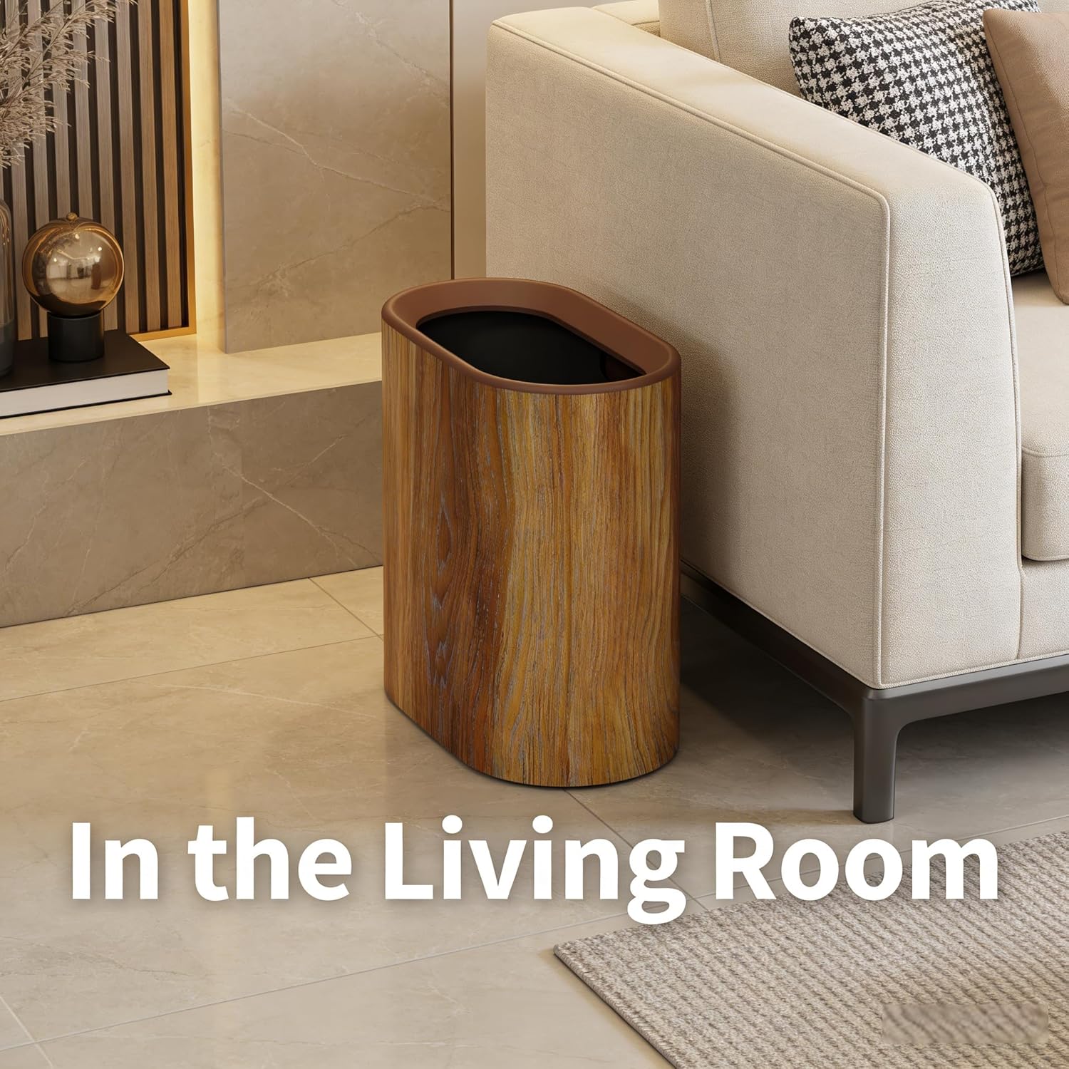 Trash Can for Bathroom, 3.7 Gal Plastic Marble Wood Pattern Small Office Garbage Can for Bedroom Kitchen, Slim Trash Bin Waste Basket Decorative Modern Trashcans (Plastic Wood Pattern)