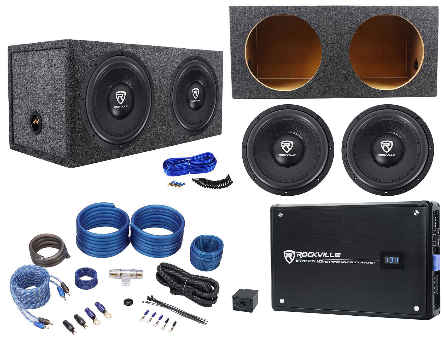 Rockville (2) W12K6D4 V2 12" 4800w Subwoofers+Sealed Box+Mono Amplifier+Amp Kit