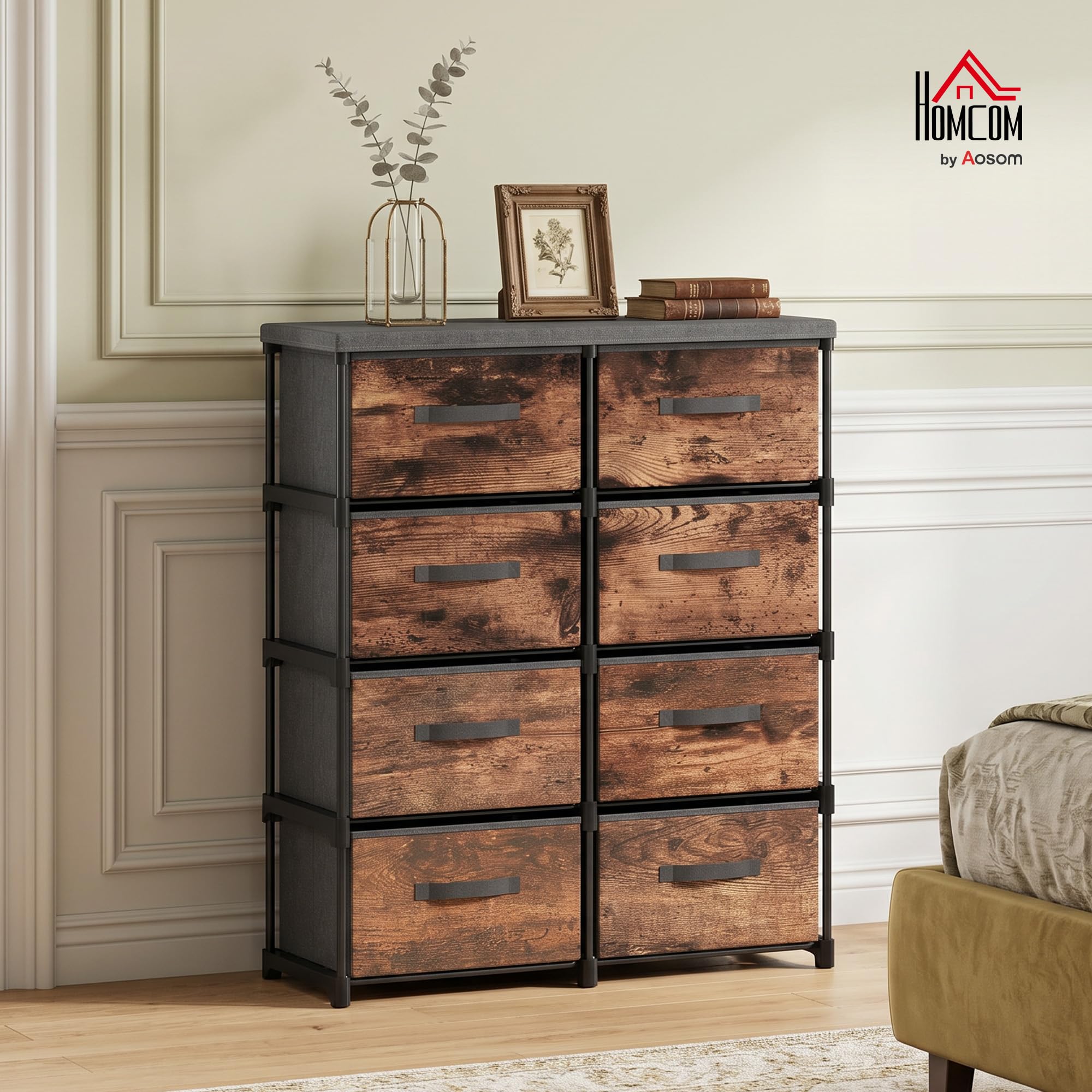 HOMCOM Cassettiera in Tessuto 8 Cassetti 84.5x30.5x100 cm Marrone Rustico | Salvaspazio, Mobile con Cassetti Industriale in Metallo, per Camera da Letto, Bagno e Soggiorno