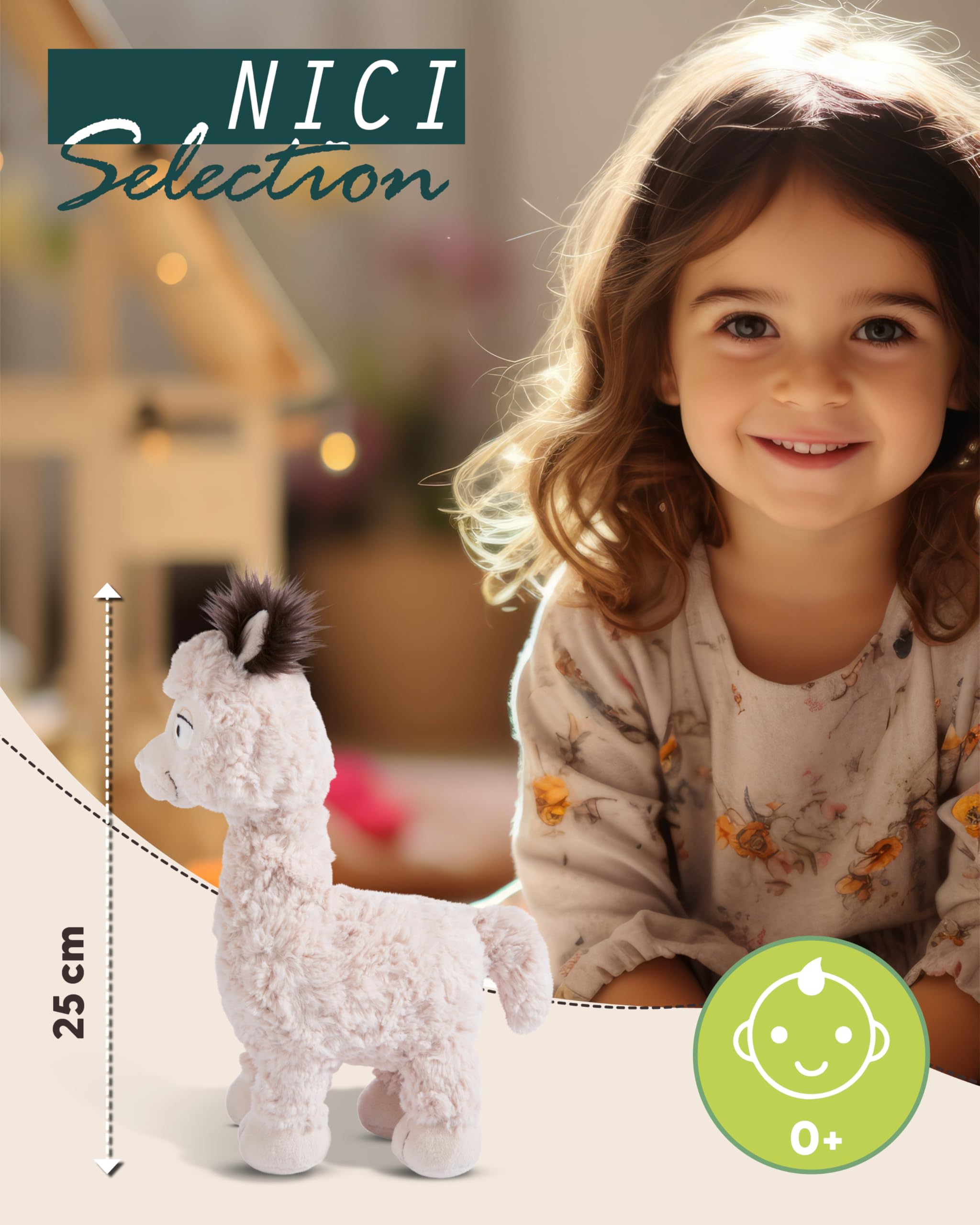 Nahaufnahme des weichen Plüsches und des freundlichen Gesichts des NICI Alpaka Elli Kuscheltiers.