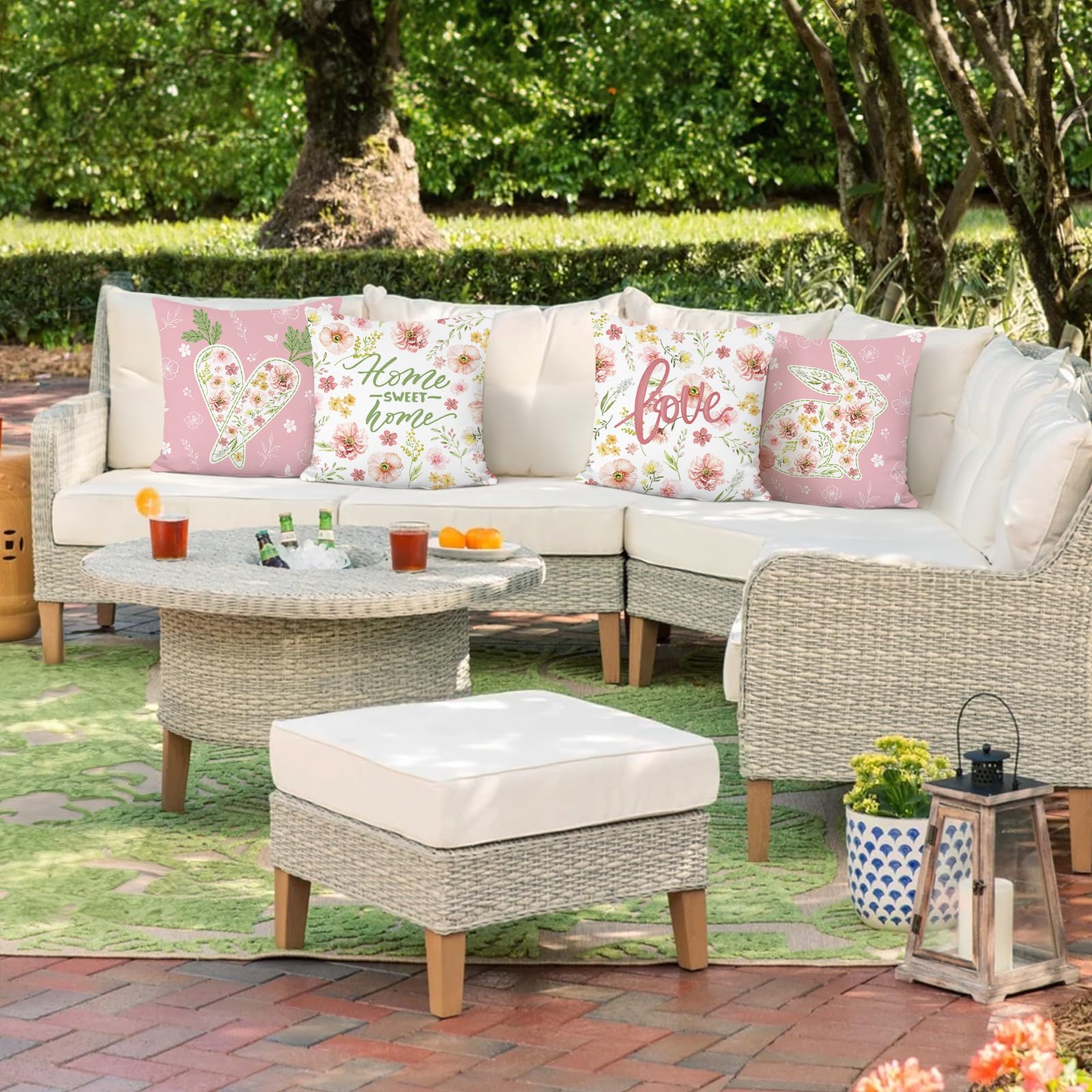 Bonhause Bunny Floral Cushion Covers 45 x 45 cm Spring Rabbit Carrot Flower Pink Decorative Pillow Covers for Sofa Bed Home Garden Decor Set of 4 - Image 2