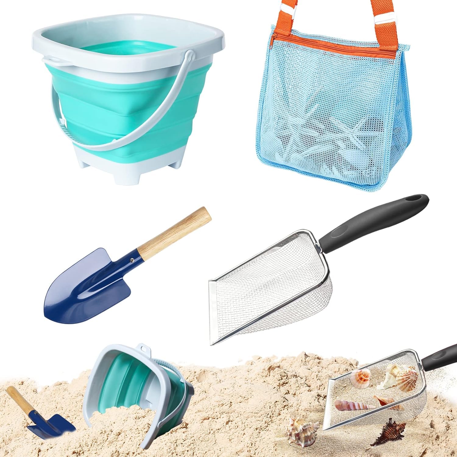 Dailychic 4 Pack Beach Toy, Mesh Shovel and Mesh Beach Bag Seashell Bag with Foldable Beach Bucket & Shovel for Shells Collecting,Sand Sifter Kids Filter Sand Scooper