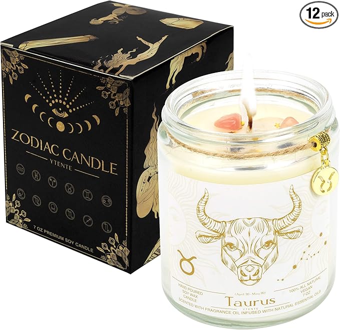 Taurus Zodiac Sign Candle Gift, Zodiac Crystals Candle Jar,Astrology Lavender Scented Soy Stones Candles Best Friends Gifts for Women Men Sister Brother Funny Birthday Gift…