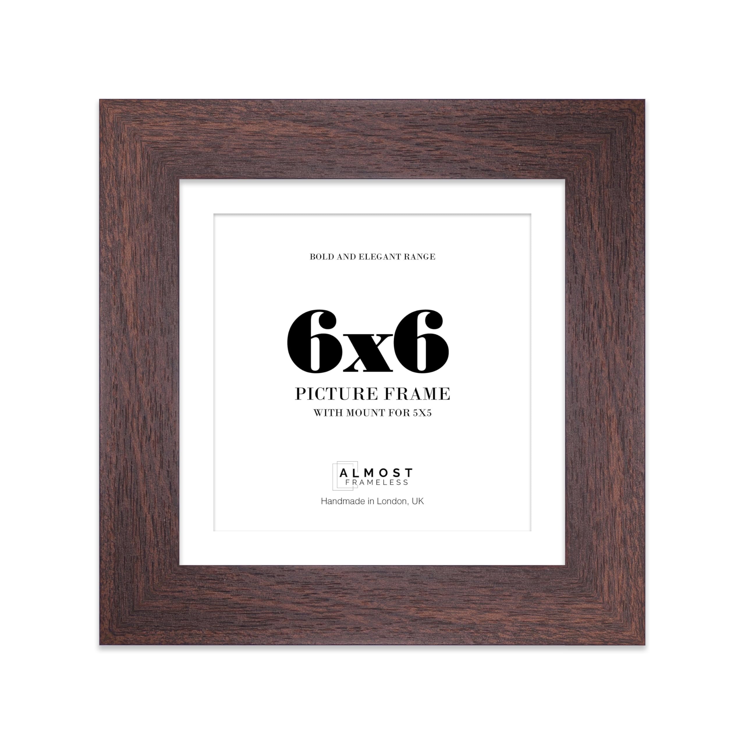 6x6 Walnut Square Frame With Mount for 5x5 Pictures 28mm Edge Frame Display with Wall Hooks and Kickstand, 1 Pack